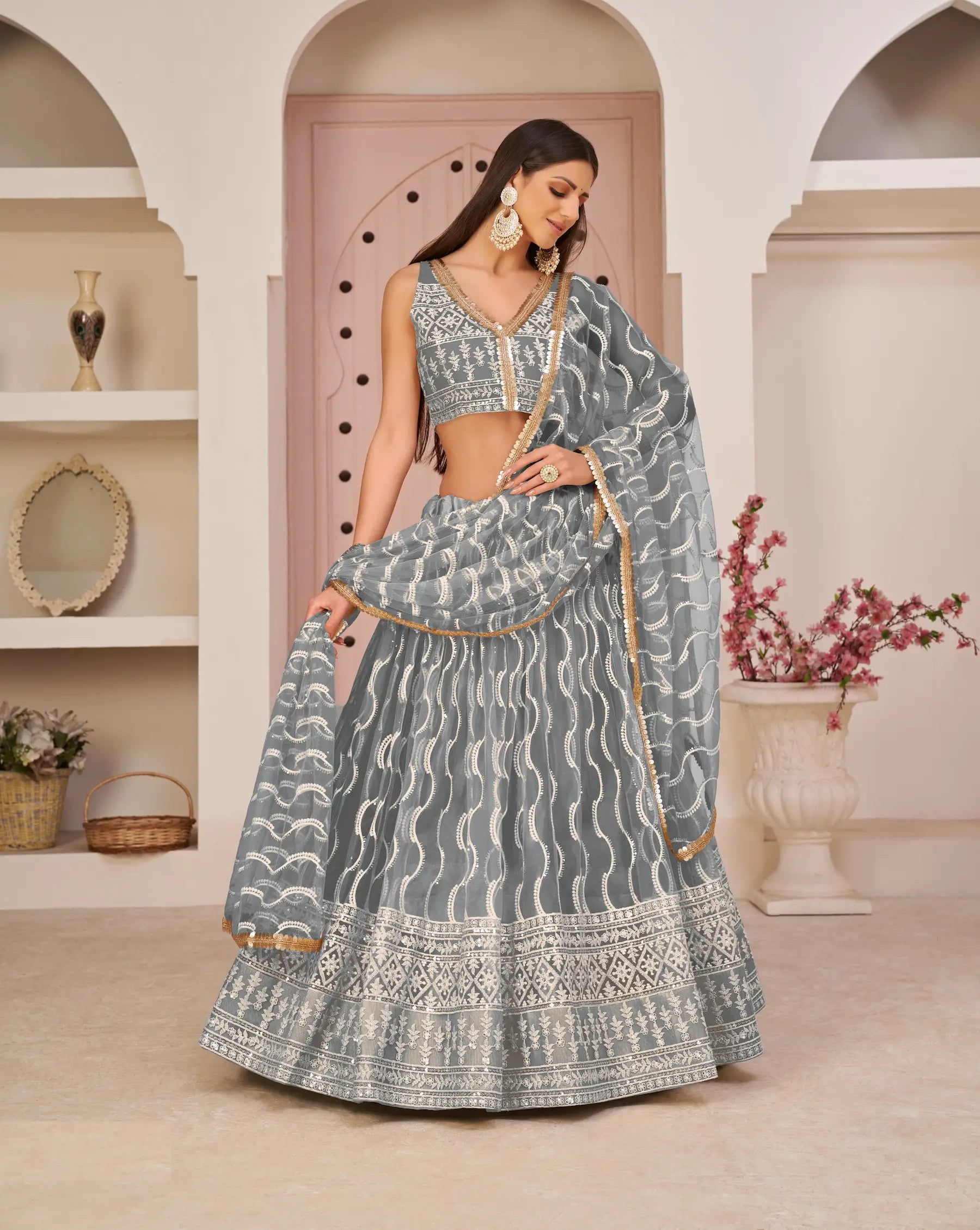 Gray Cotton Thread Sequins Embroidery Net Lehenga Choli