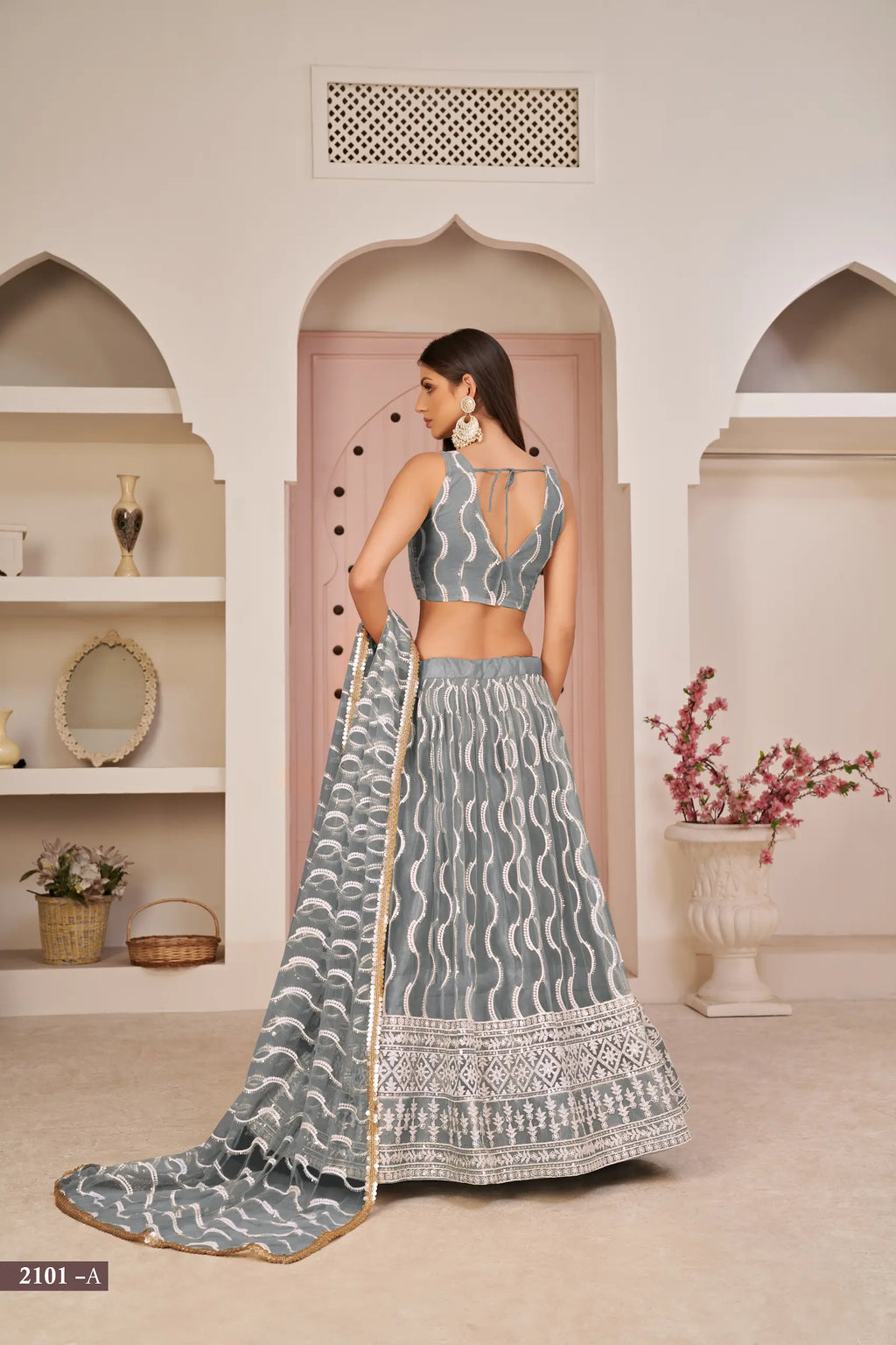 Gray Cotton Thread Sequins Embroidery Net Lehenga Choli