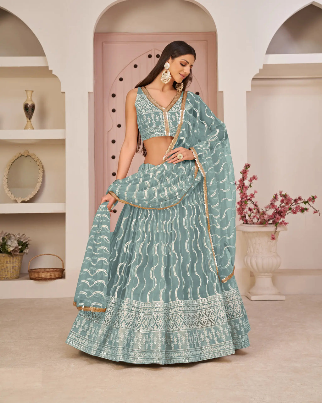 Ocean Blue Thread Sequins Embroidery Net Lehenga Choli