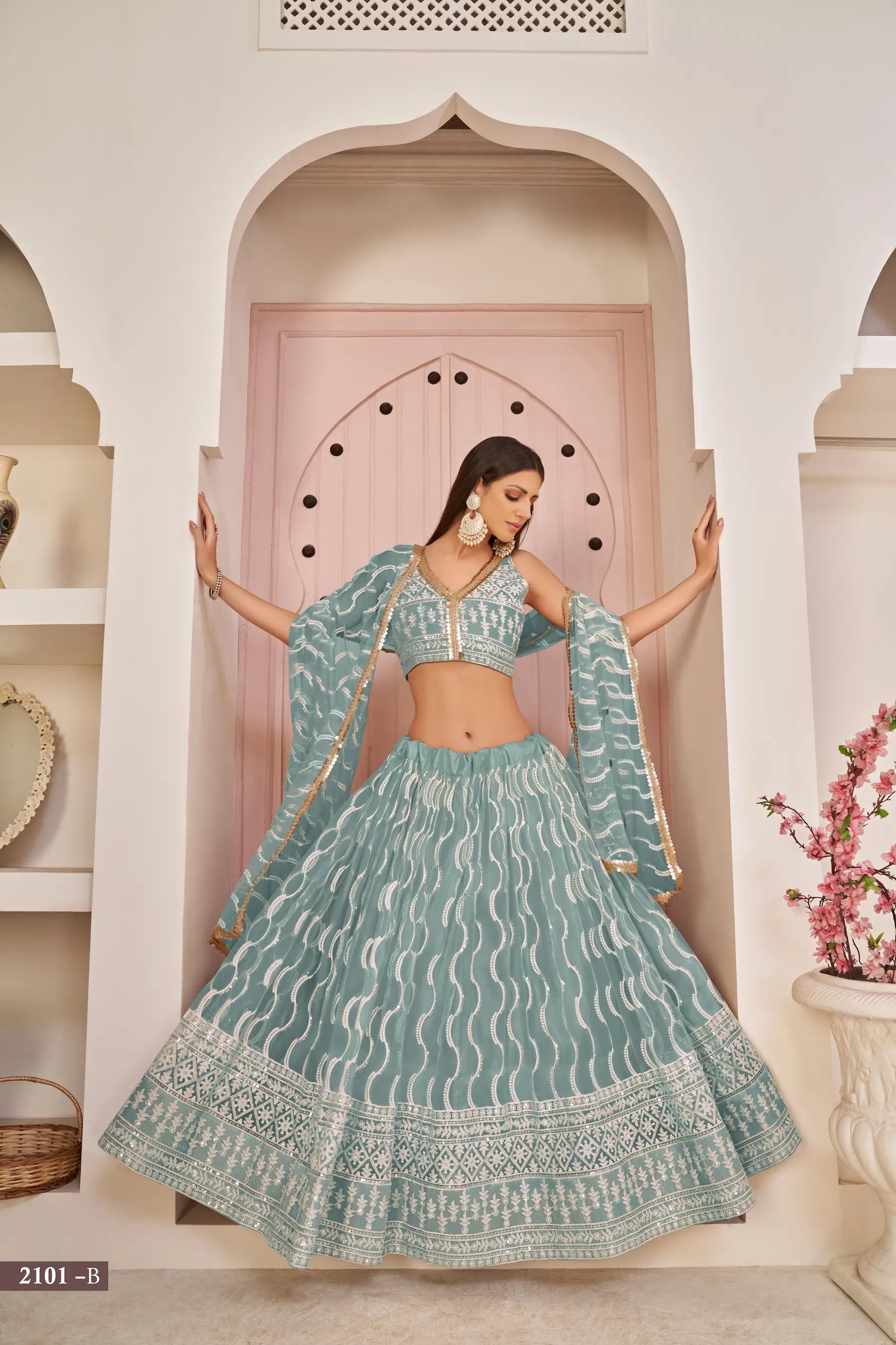 Ocean Blue Thread Sequins Embroidery Net Lehenga Choli