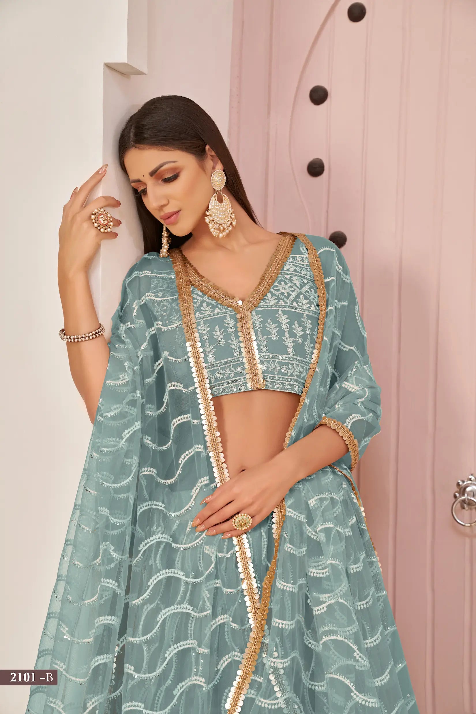 Ocean Blue Thread Sequins Embroidery Net Lehenga Choli