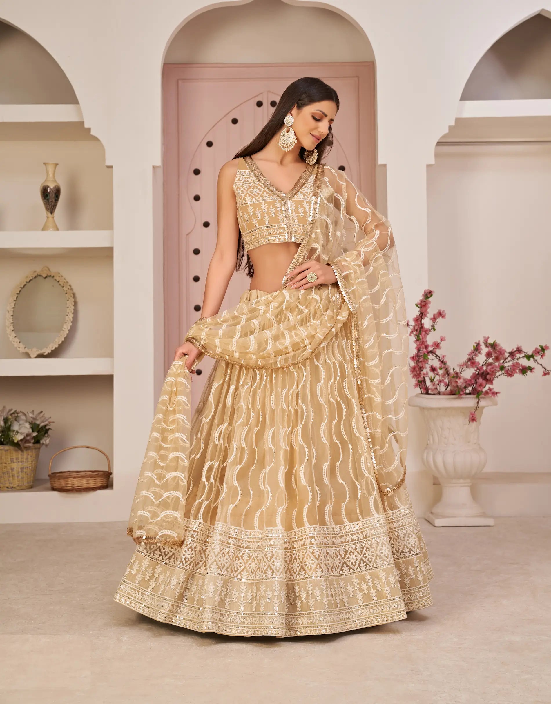 Dark Beige Thread Sequins Embroidery Net Lehenga Choli