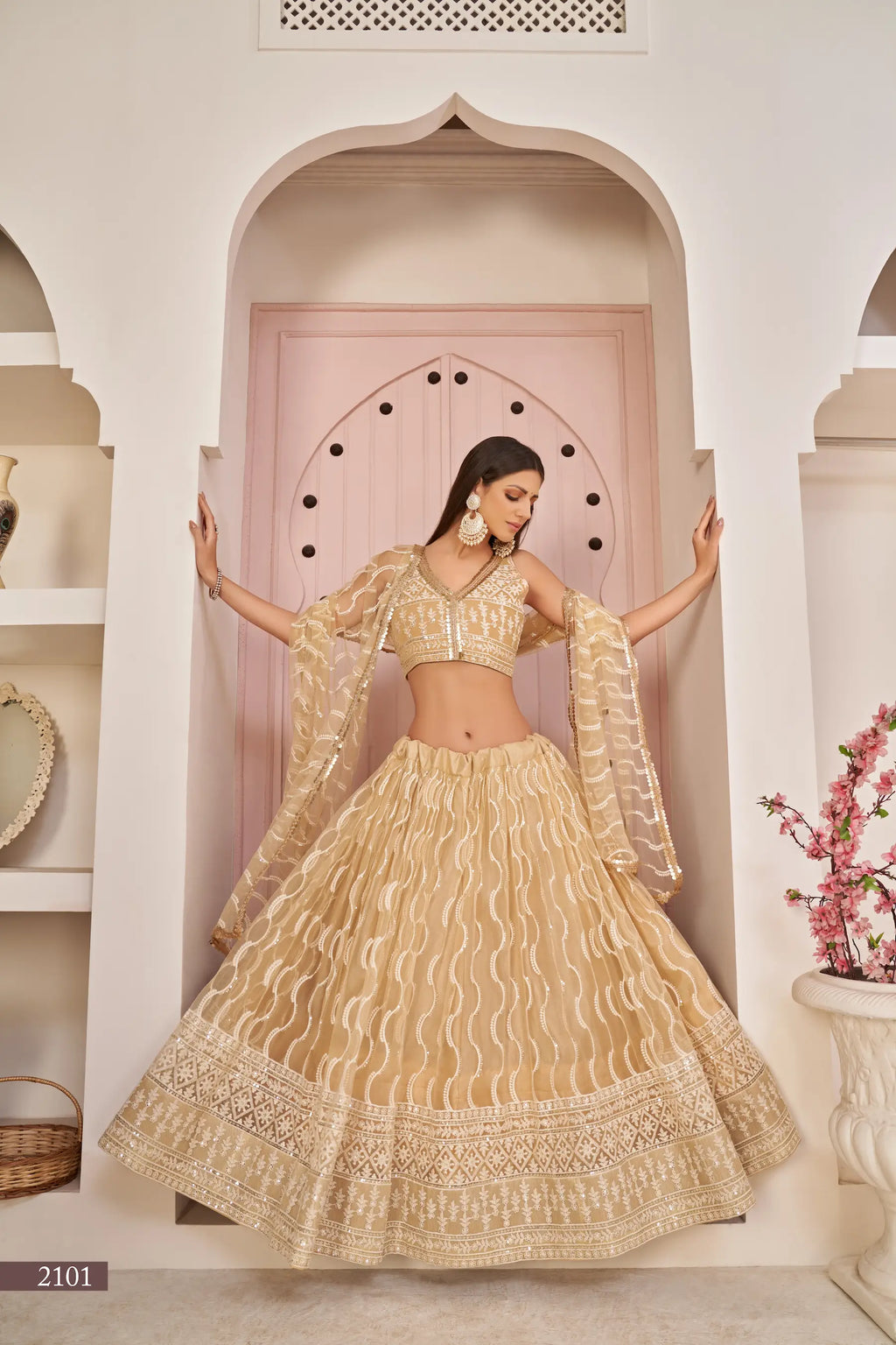 Dark Beige Thread Sequins Embroidery Net Lehenga Choli