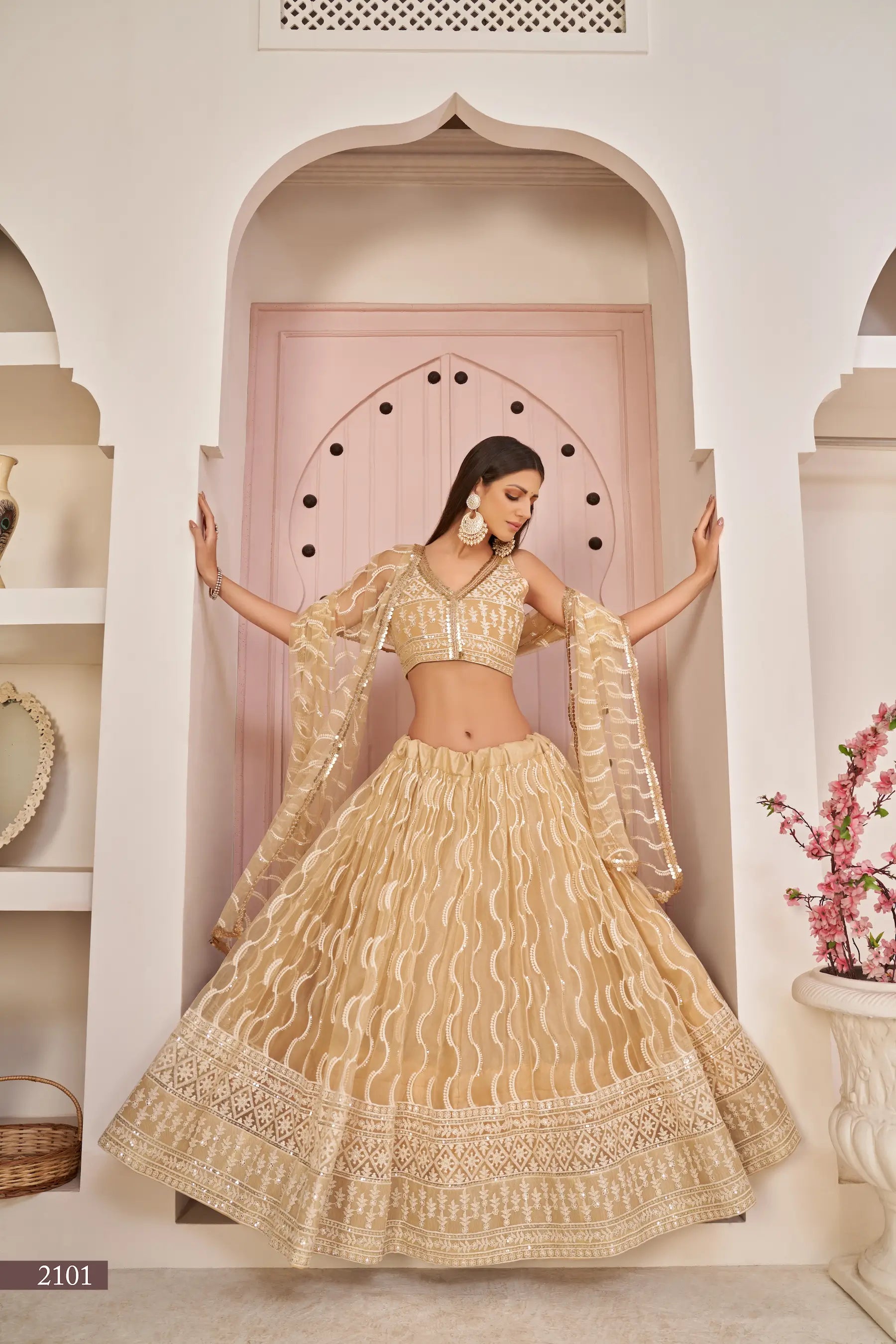 Dark Beige Thread Sequins Embroidery Net Lehenga Choli