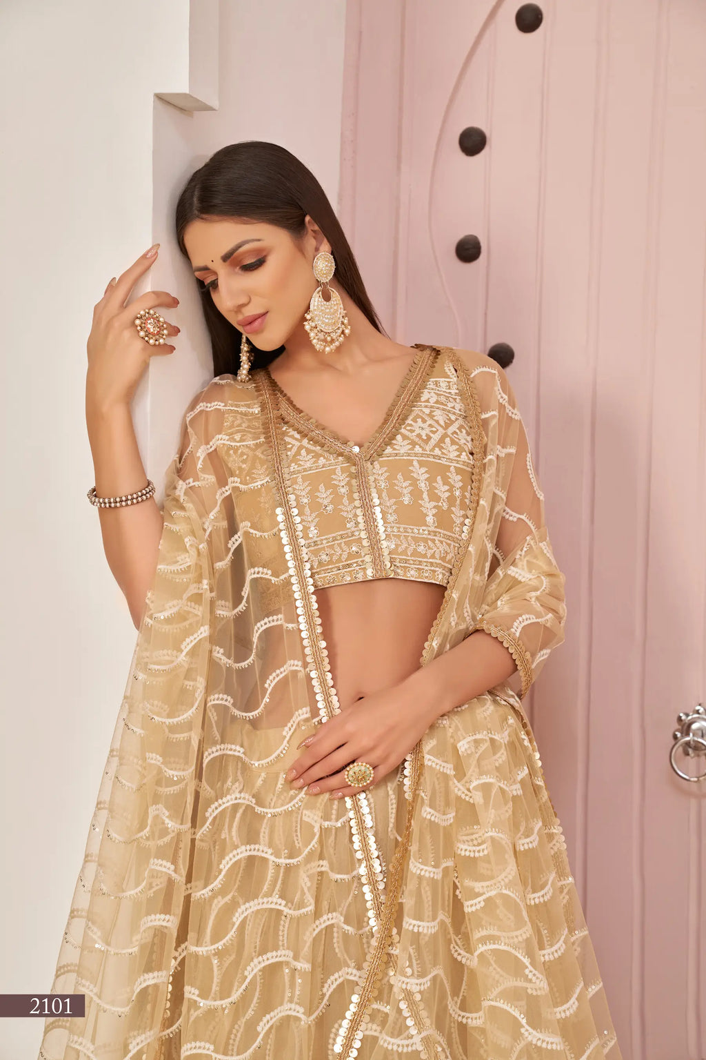 Dark Beige Thread Sequins Embroidery Net Lehenga Choli