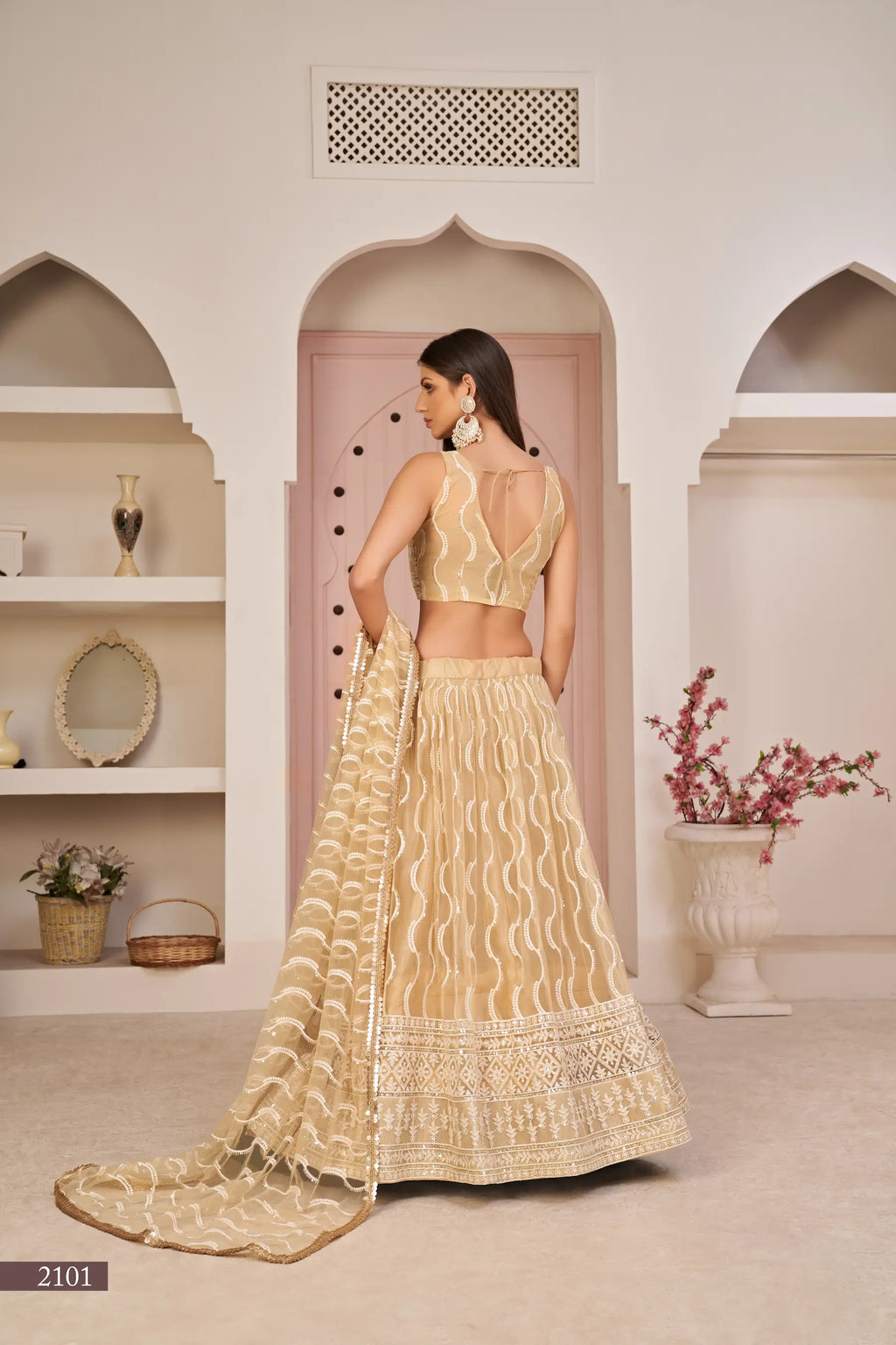 Dark Beige Thread Sequins Embroidery Net Lehenga Choli
