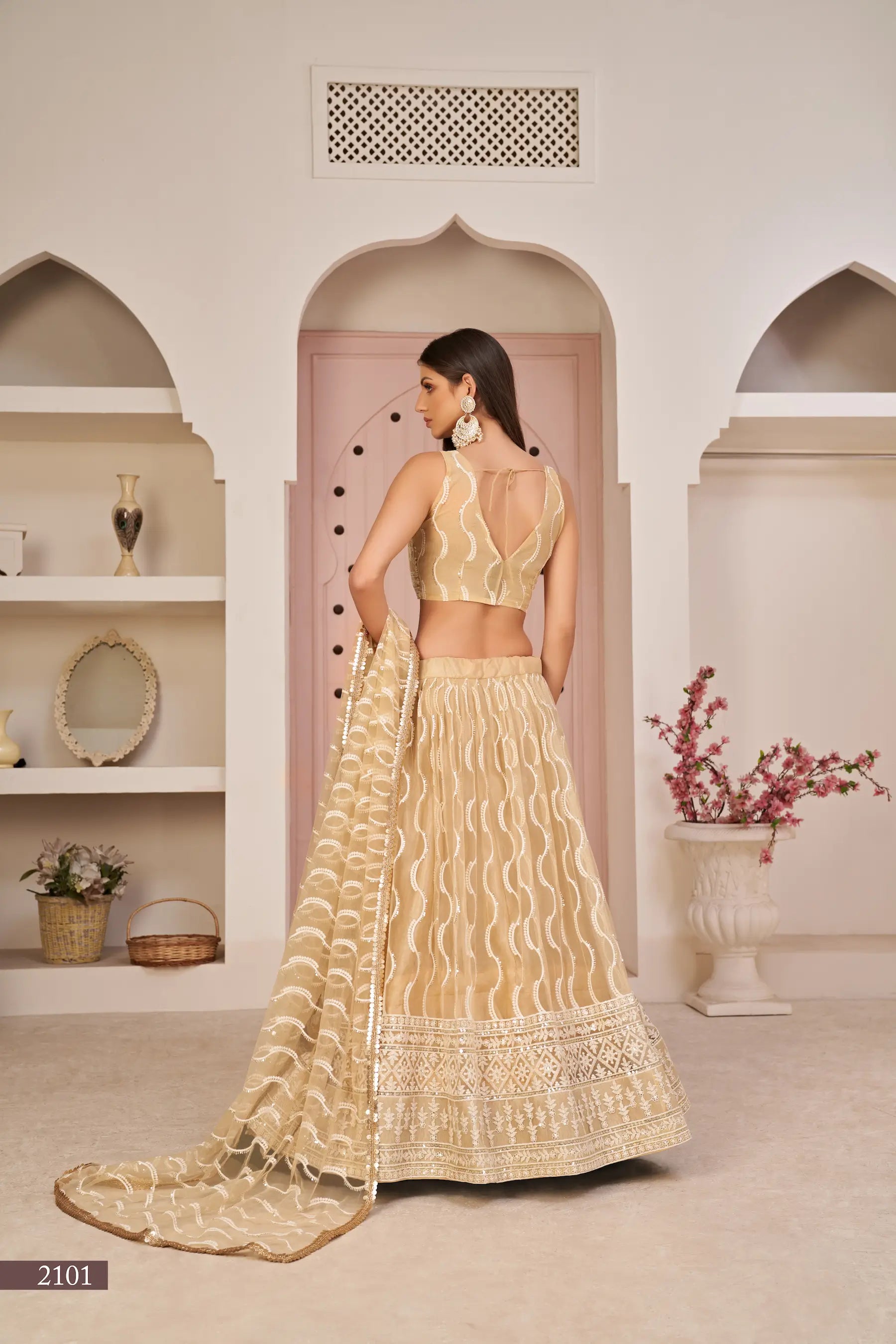 Dark Beige Thread Sequins Embroidery Net Lehenga Choli