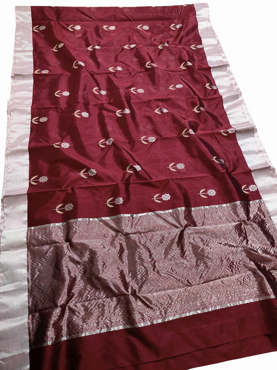 Maroon Chanderi Handloom Pattu Silk Meenakari Saree