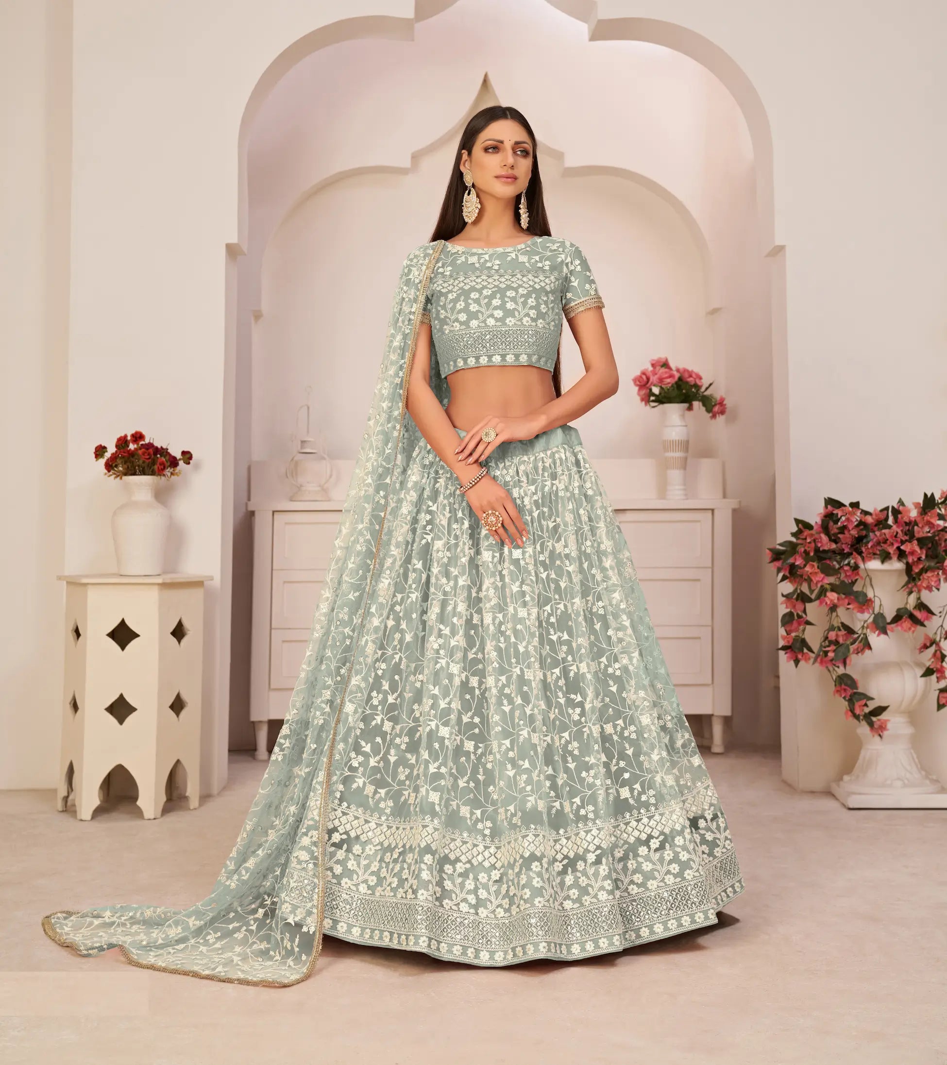 Gray Olive Thread Sequins Embroidery Net Lehenga Choli