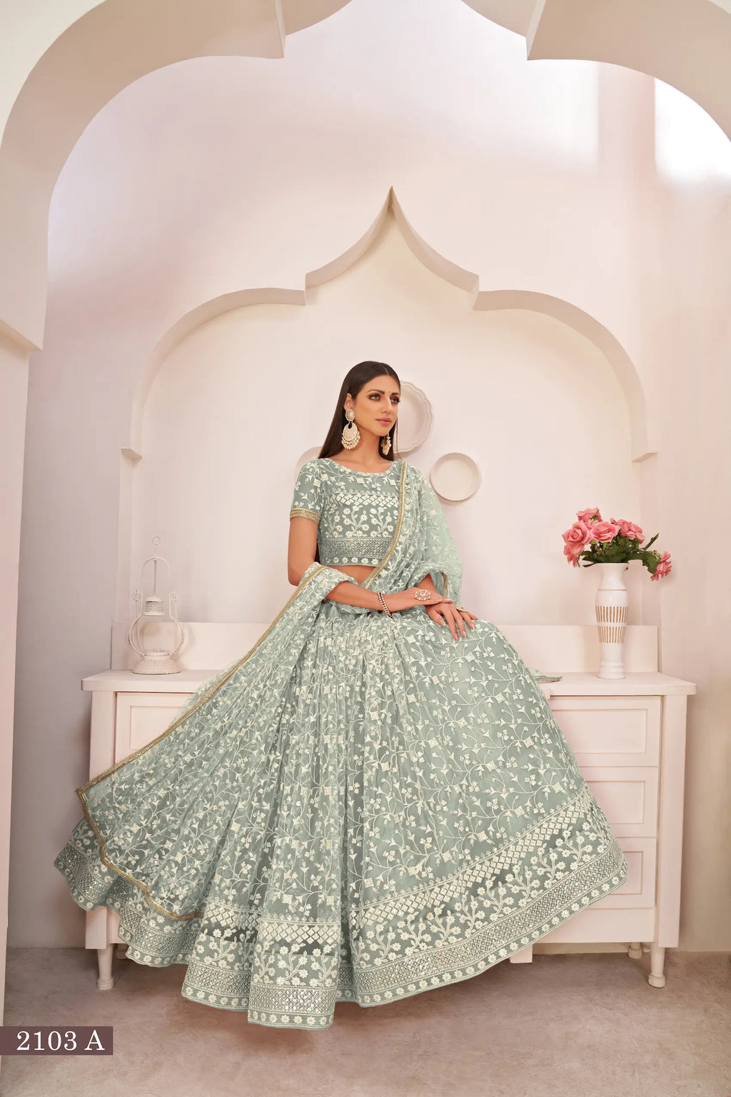 Gray Olive Thread Sequins Embroidery Net Lehenga Choli