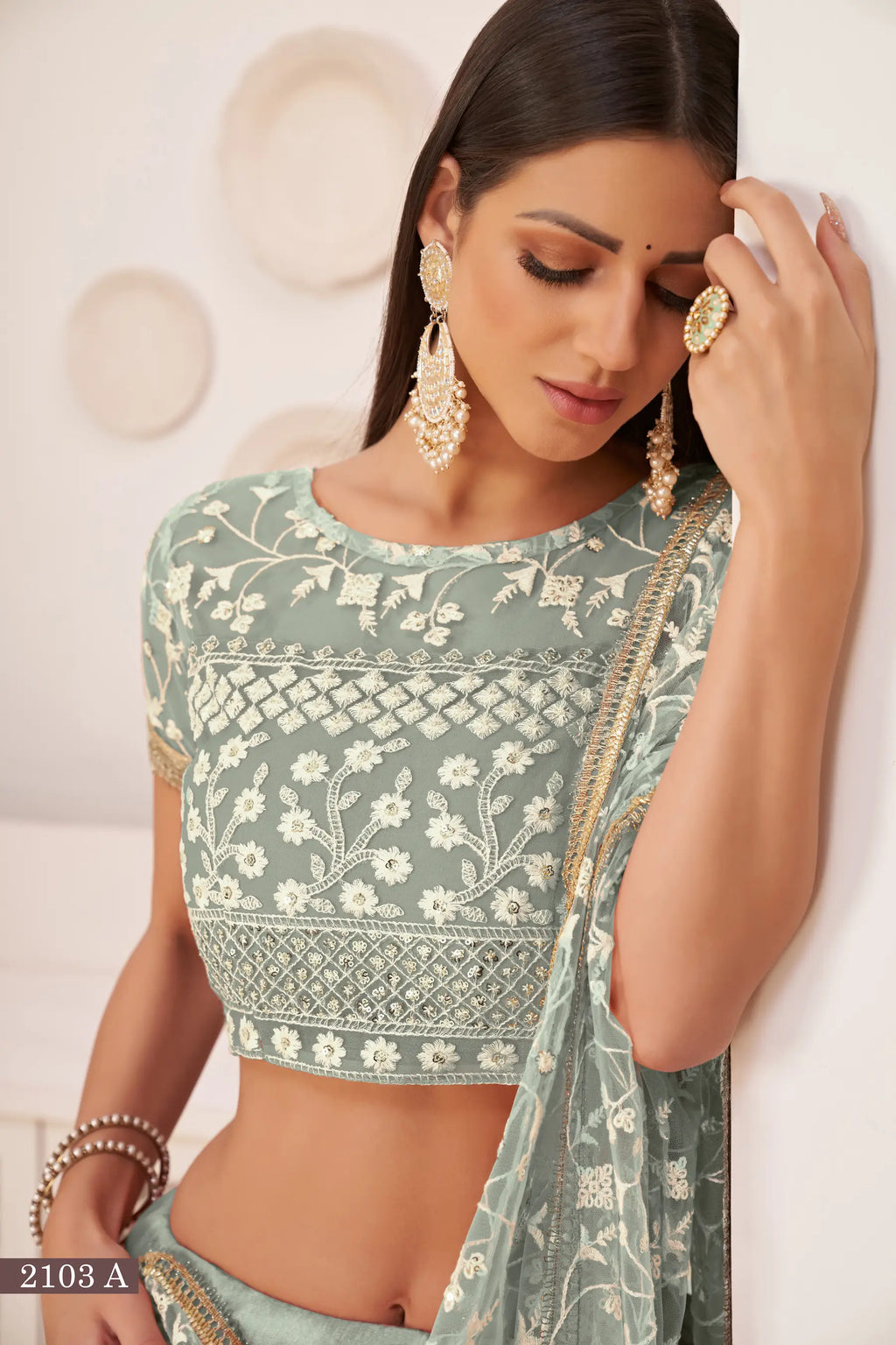 Gray Olive Thread Sequins Embroidery Net Lehenga Choli