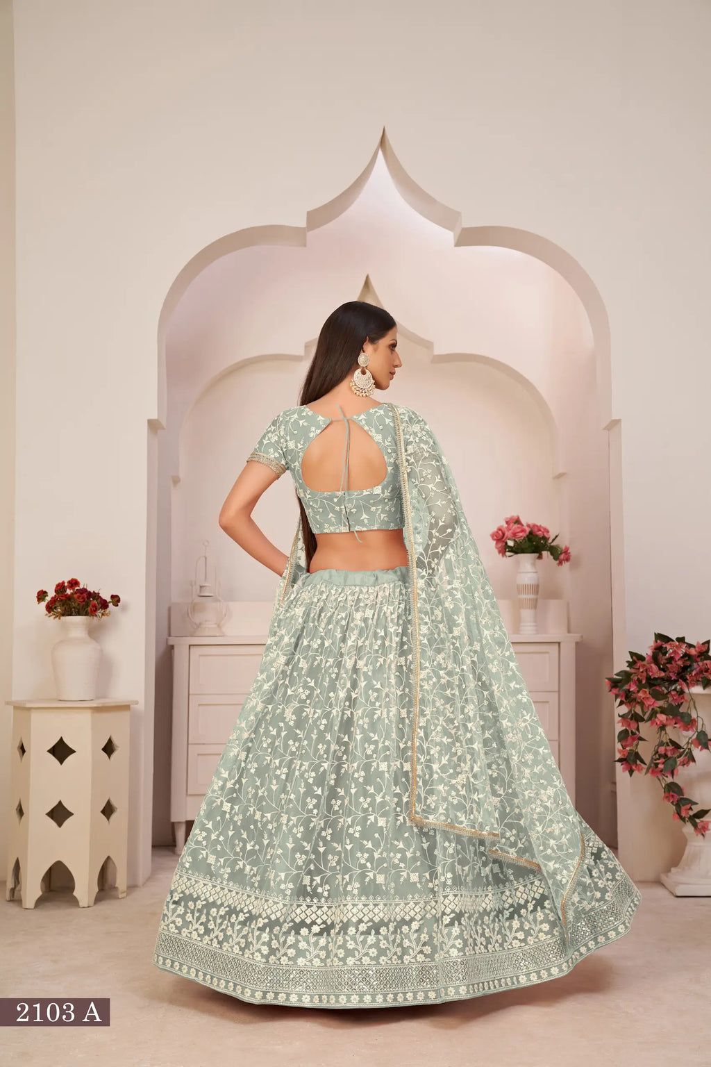 Gray Olive Thread Sequins Embroidery Net Lehenga Choli