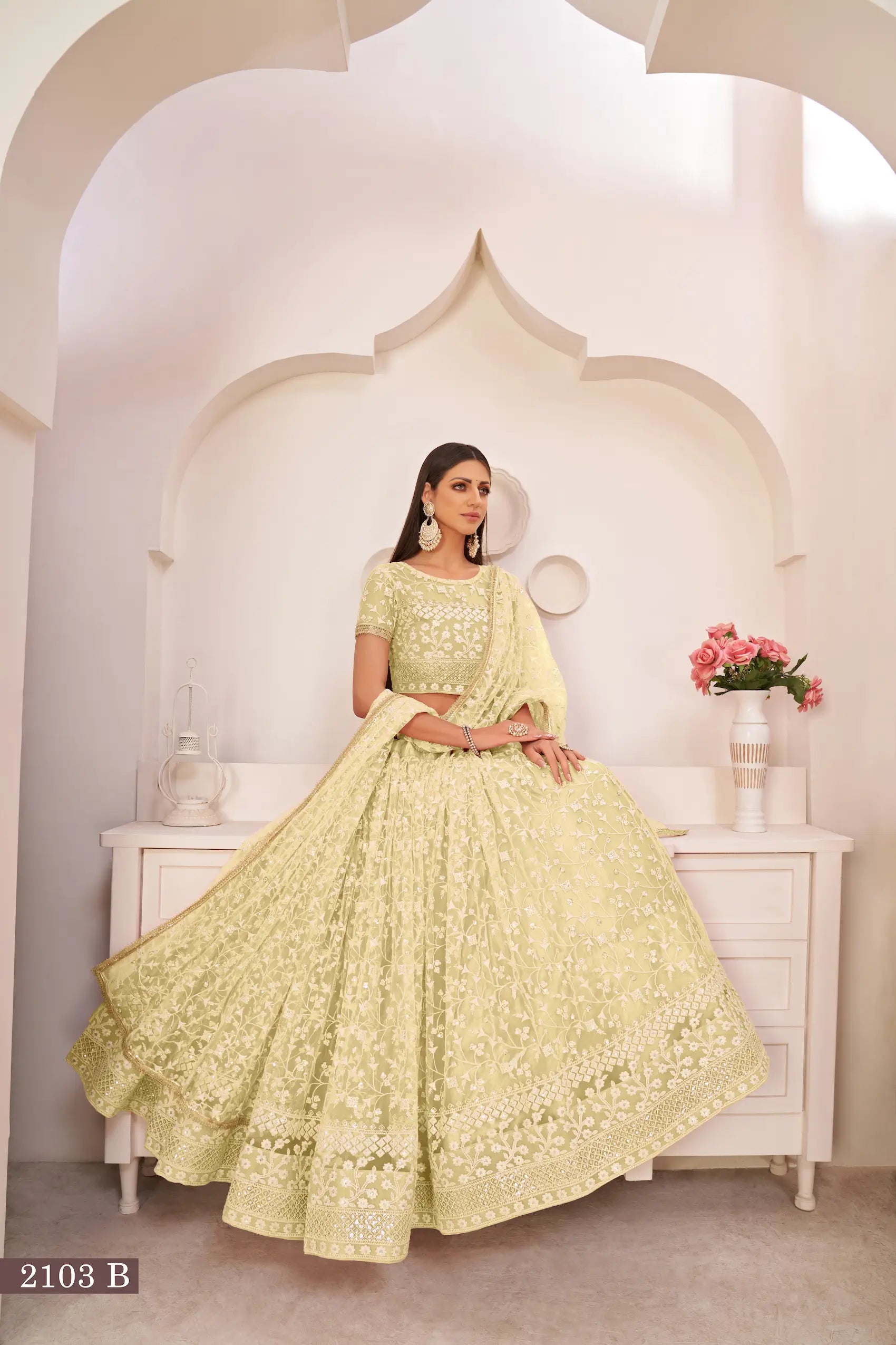 Lemon Yellow Thread Sequins Embroidery Net Lehenga Choli