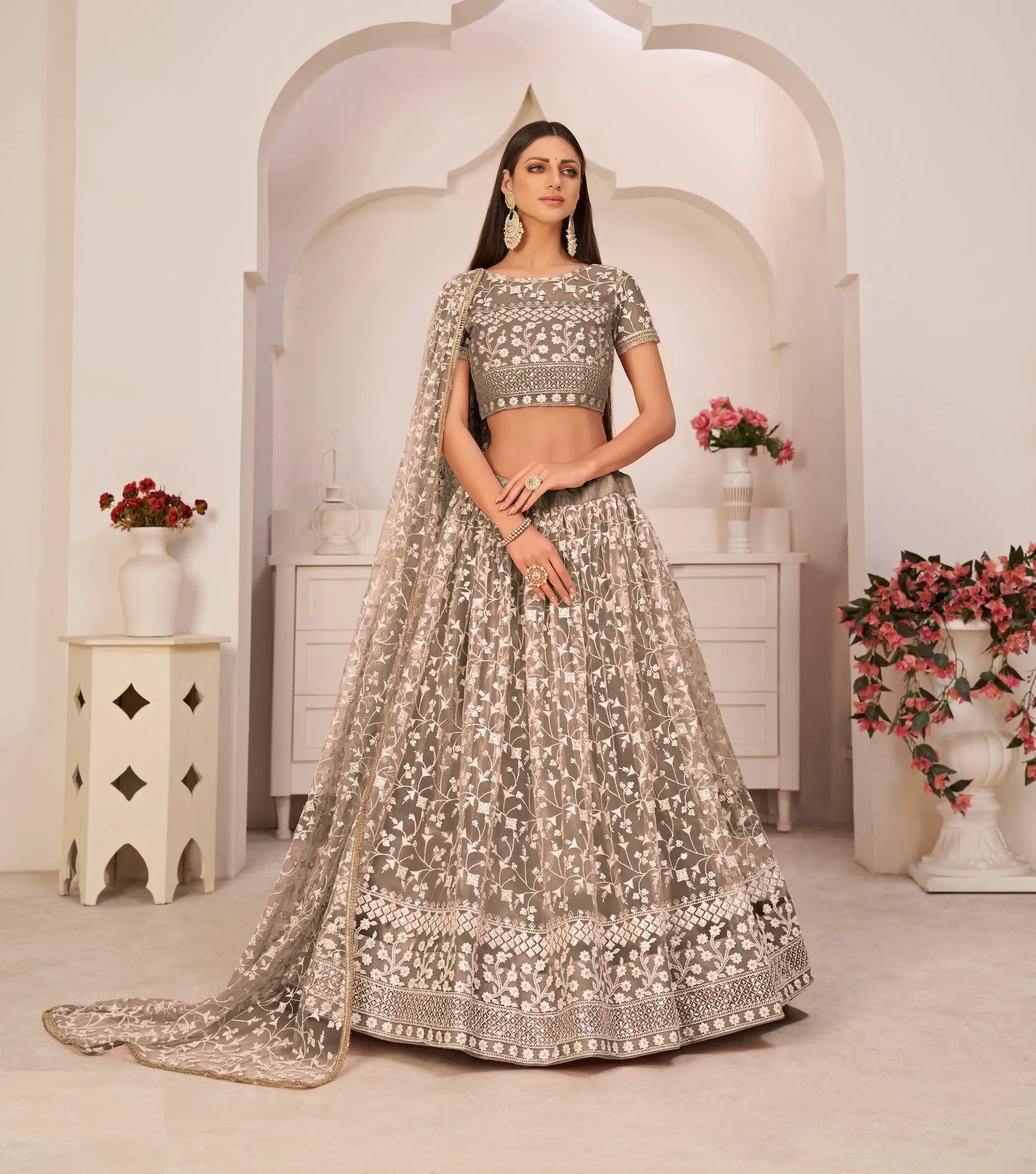 Chocolate Brown Thread Sequins Embroidery Net Lehenga Choli