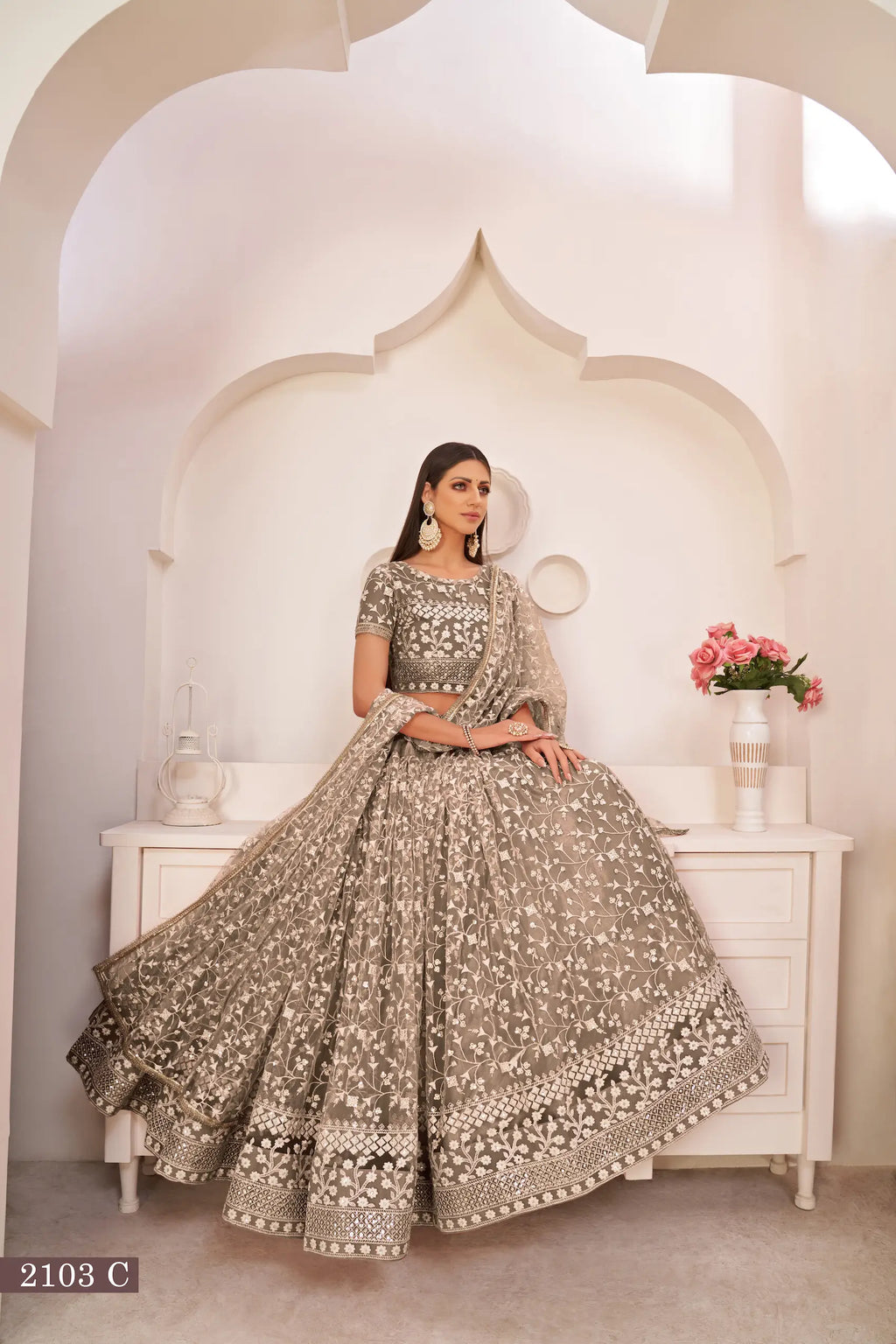Chocolate Brown Thread Sequins Embroidery Net Lehenga Choli