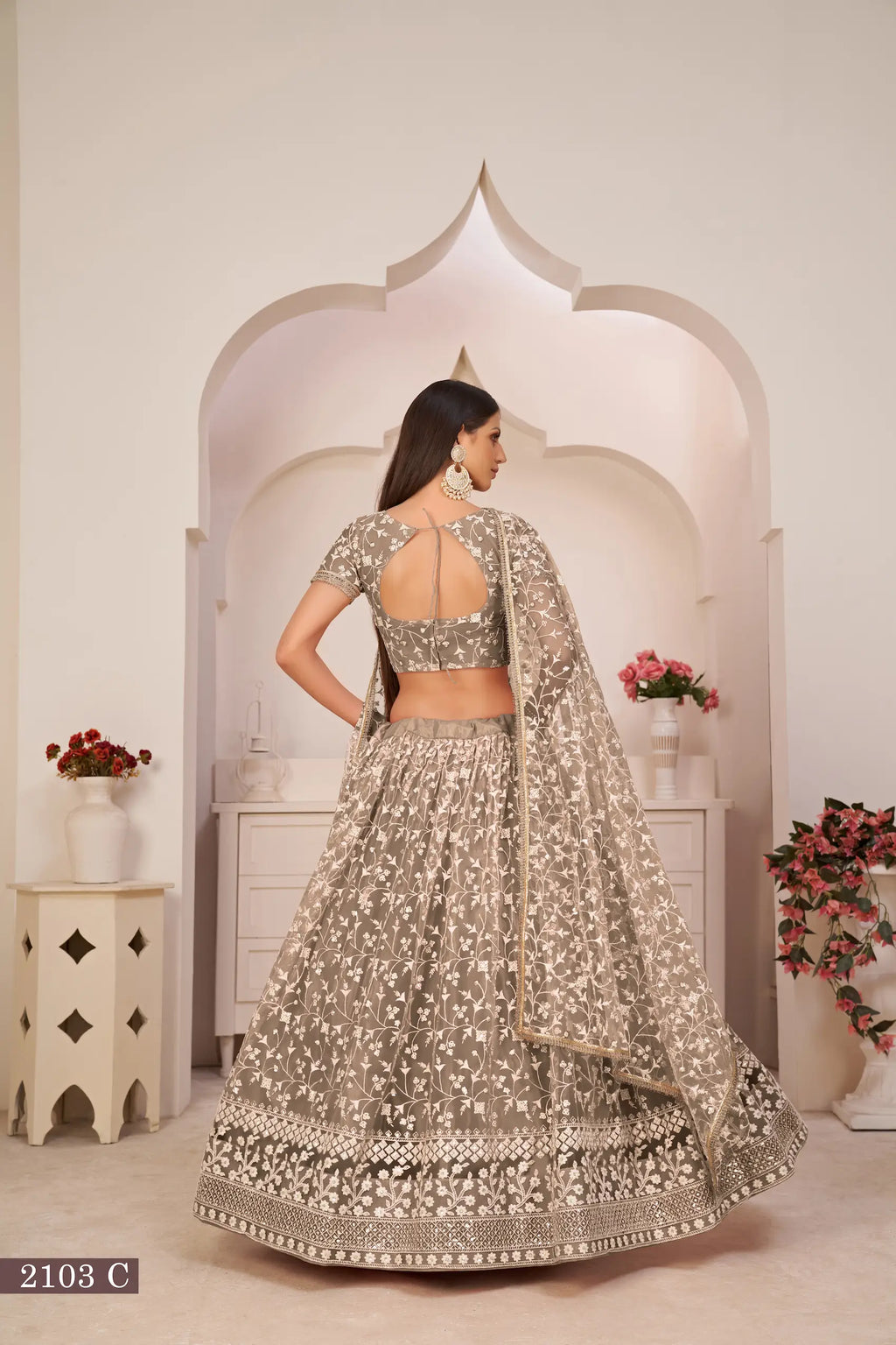 Chocolate Brown Thread Sequins Embroidery Net Lehenga Choli