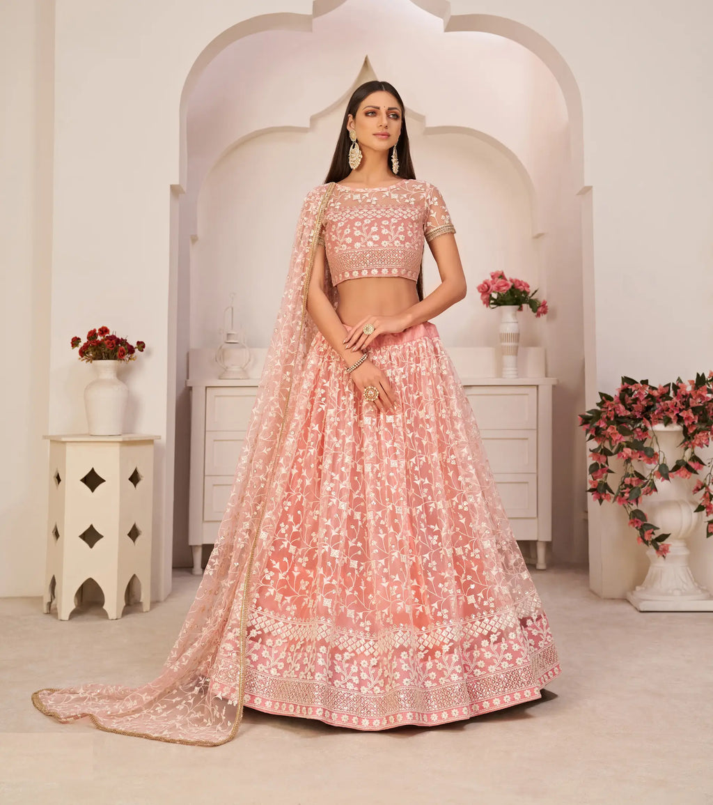 Peach Thread Sequins Embroidery Net Lehenga Choli