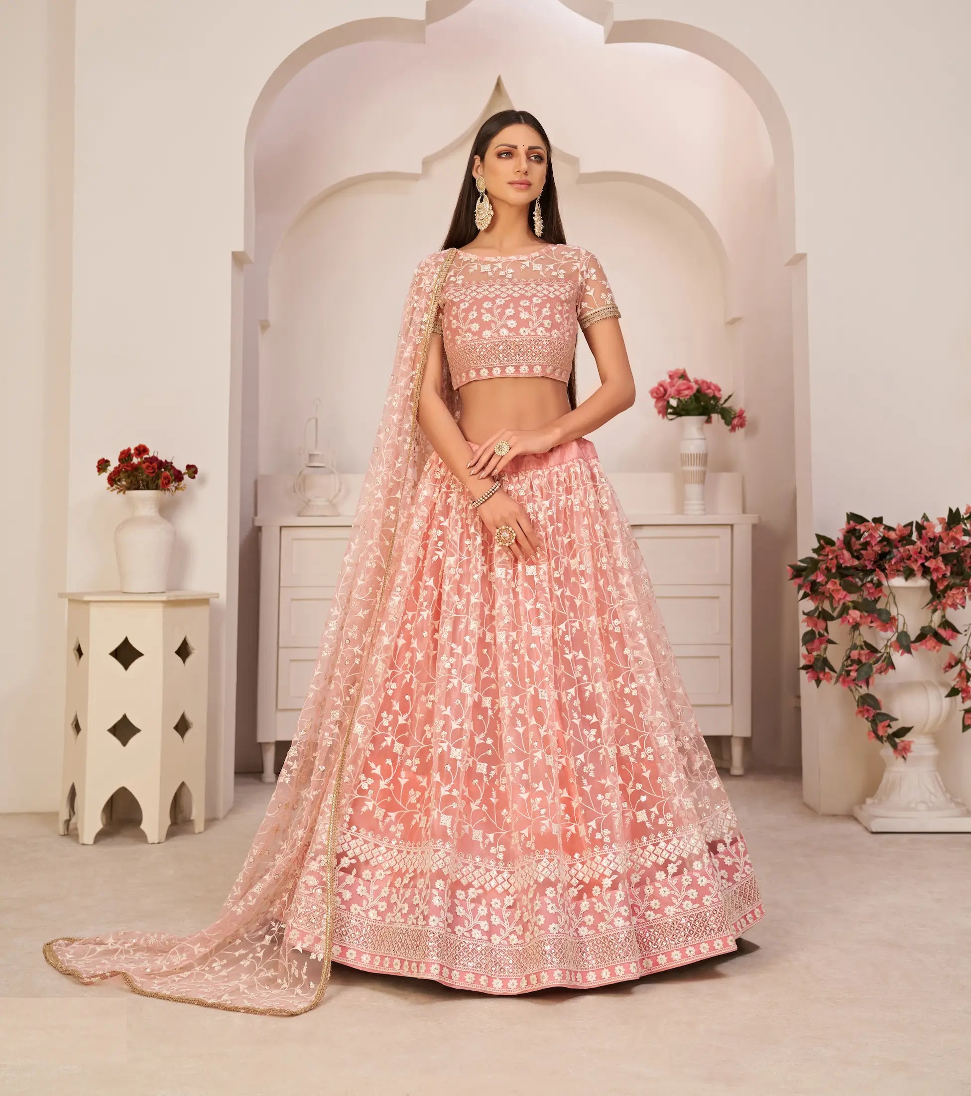 Peach Thread Sequins Embroidery Net Lehenga Choli