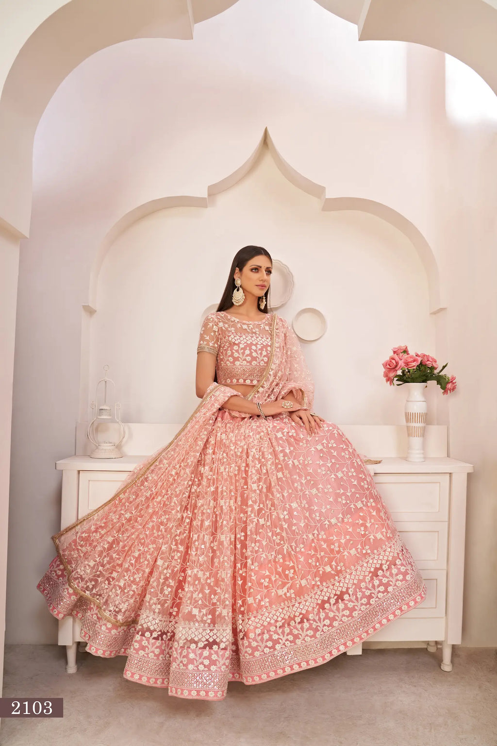 Peach Thread Sequins Embroidery Net Lehenga Choli