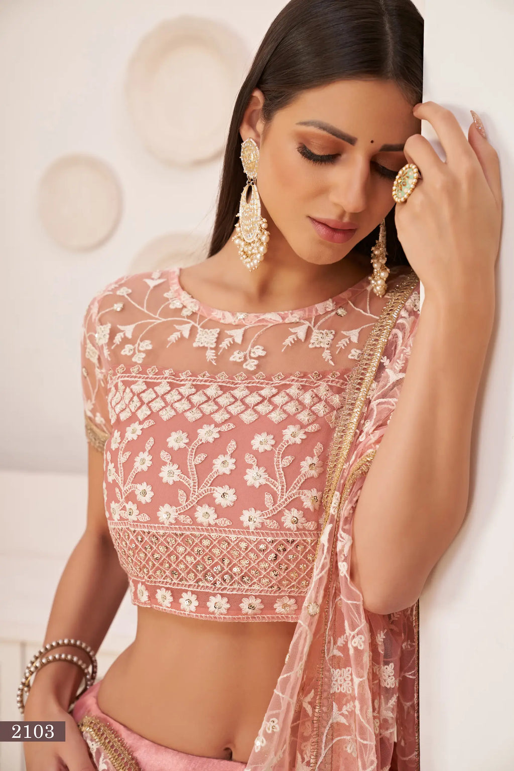 Peach Thread Sequins Embroidery Net Lehenga Choli