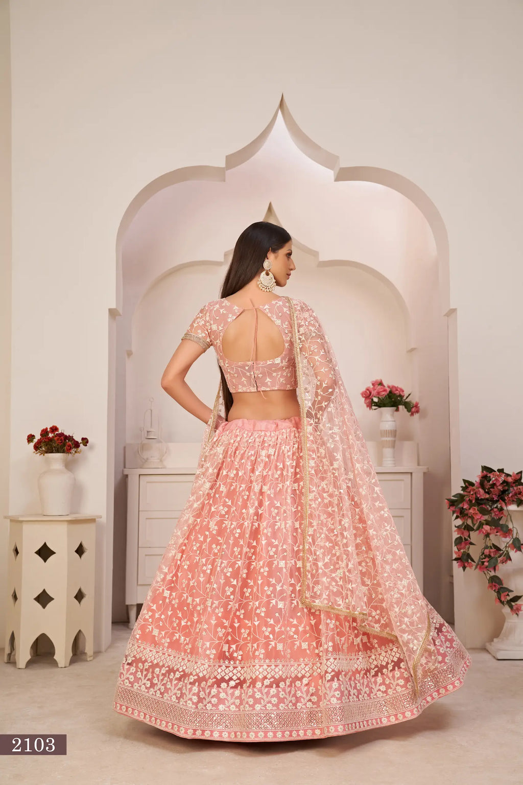 Peach Thread Sequins Embroidery Net Lehenga Choli
