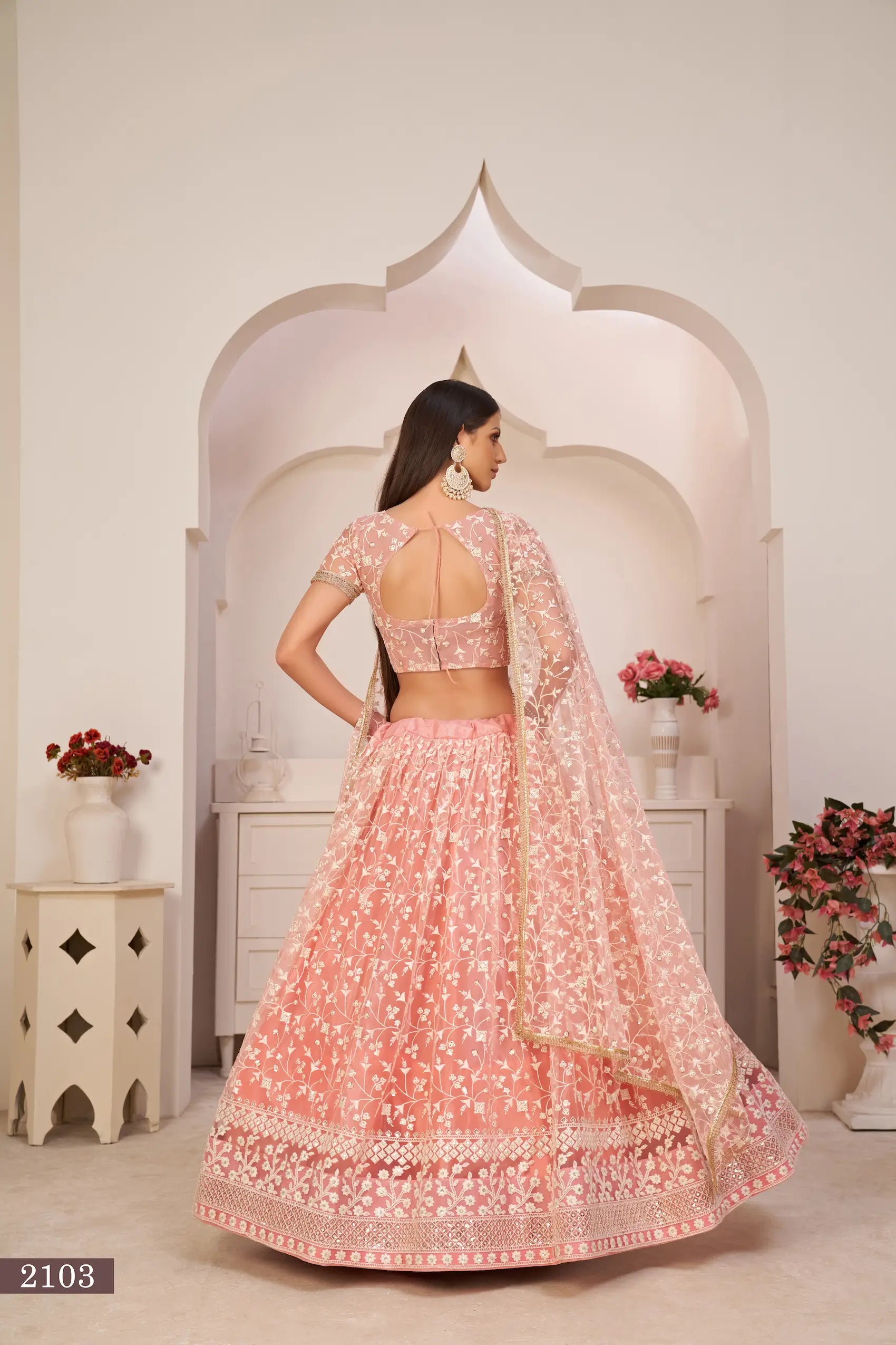 Peach Thread Sequins Embroidery Net Lehenga Choli