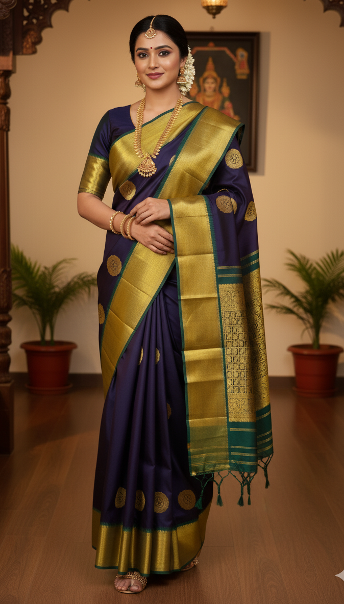 Purple Kanchipuram Handloom 2G Gold Pattu Silk Saree