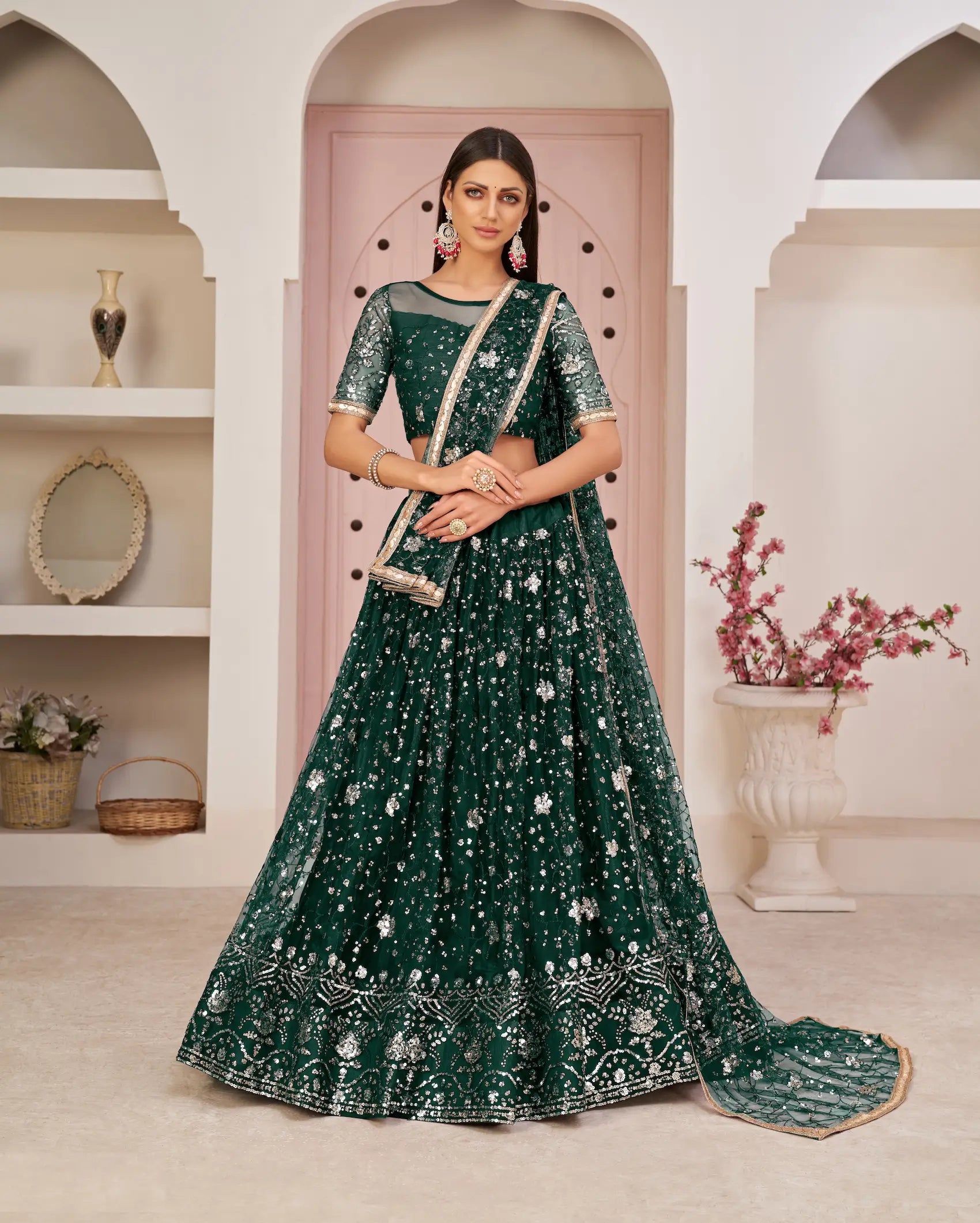 Green Net Lehenga With Zari Sequins Thread Embroidery