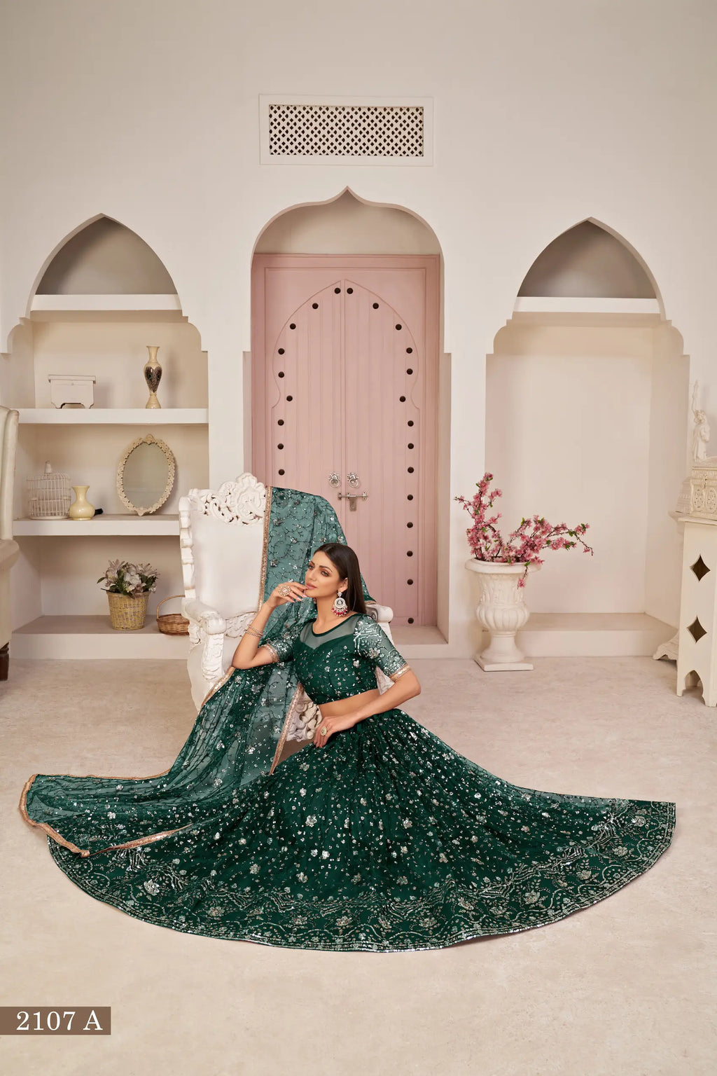 Green Net Lehenga With Zari Sequins Thread Embroidery