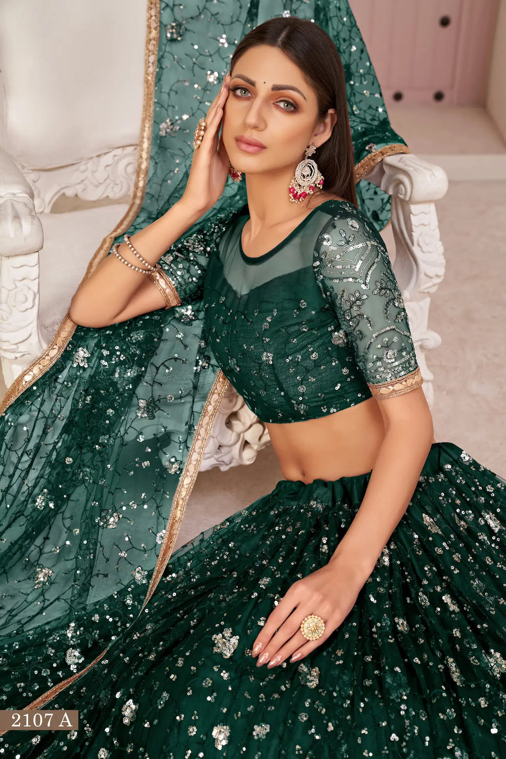 Green Net Lehenga With Zari Sequins Thread Embroidery