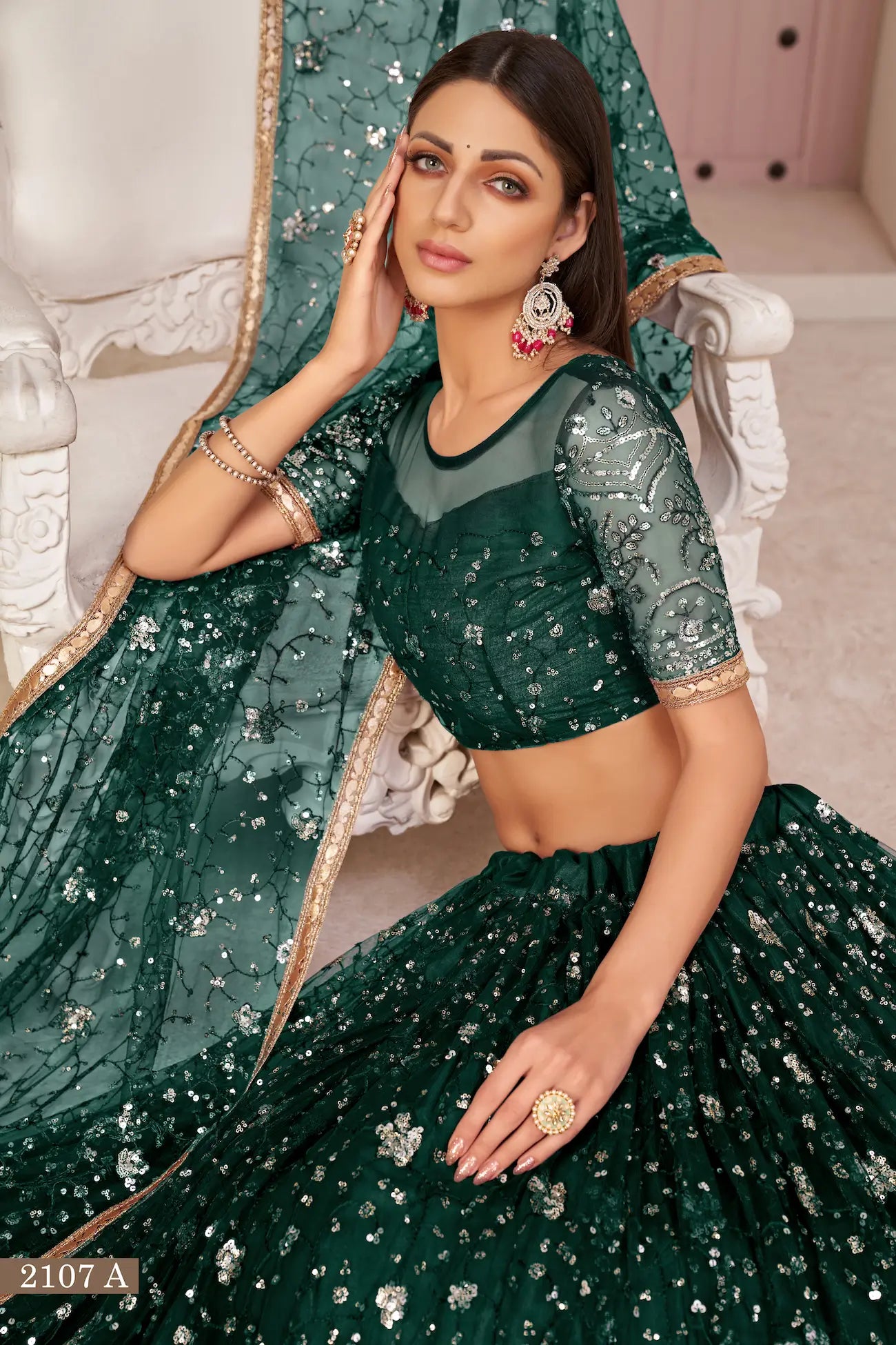 Green Net Lehenga With Zari Sequins Thread Embroidery