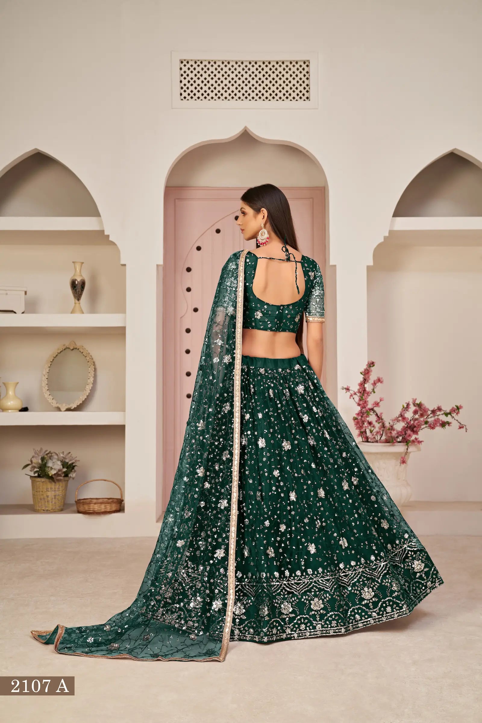 Green Net Lehenga With Zari Sequins Thread Embroidery