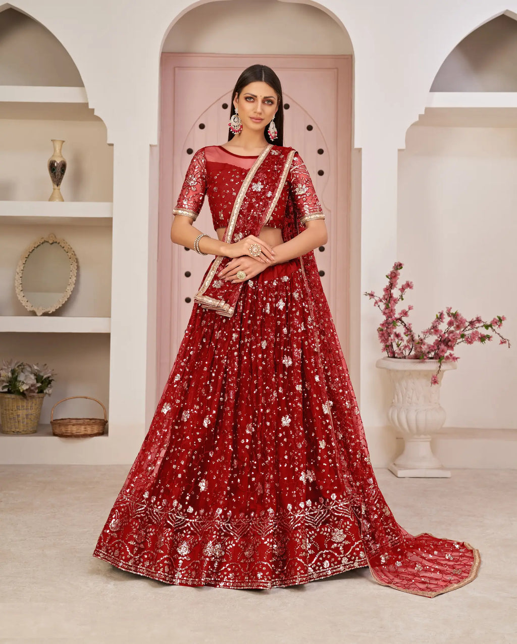 Red Net Lehenga With Zari Sequins Thread Embroidery