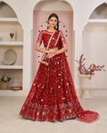 Red Net Lehenga With Zari Sequins Thread Embroidery