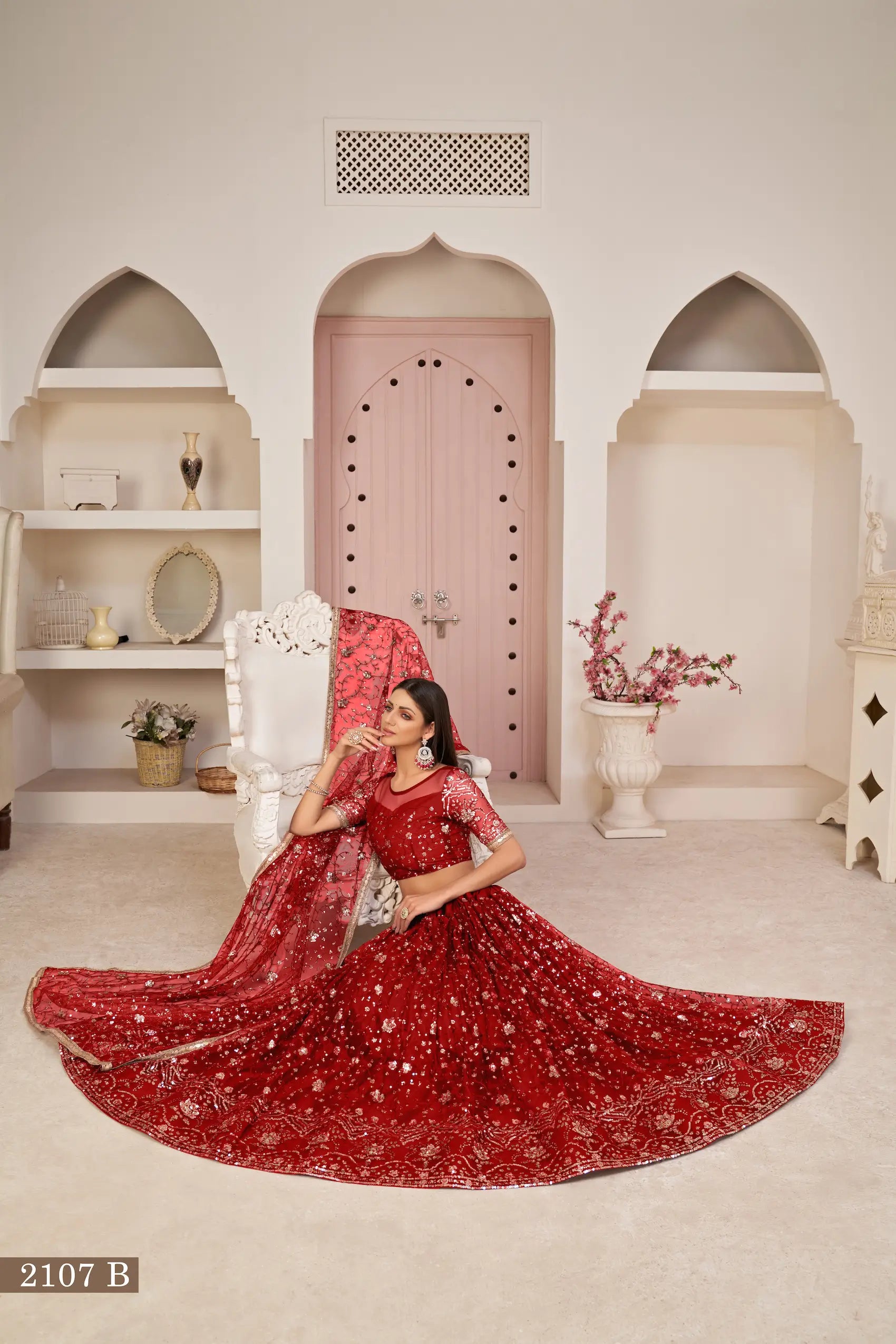 Red Net Lehenga With Zari Sequins Thread Embroidery