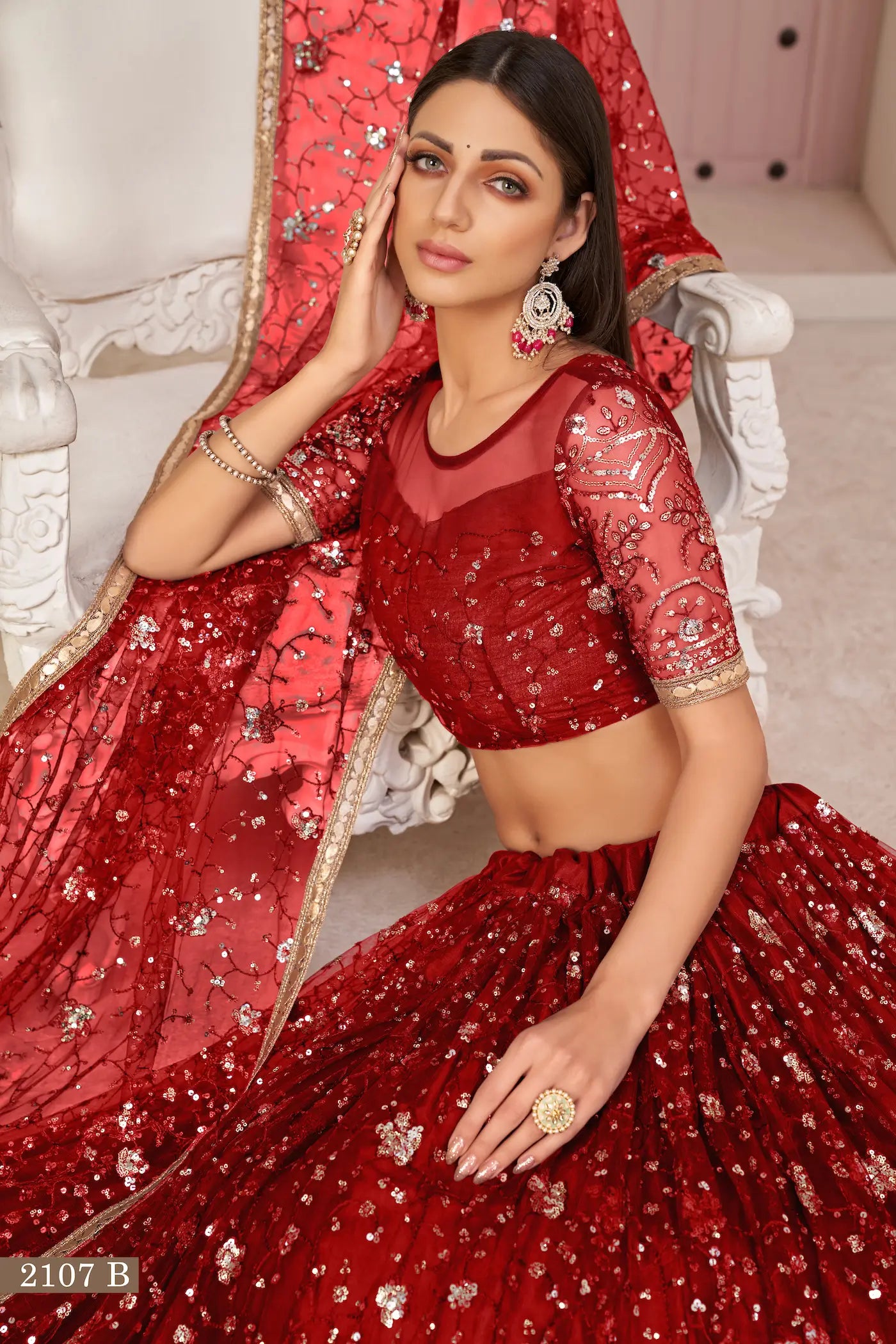 Red Net Lehenga With Zari Sequins Thread Embroidery