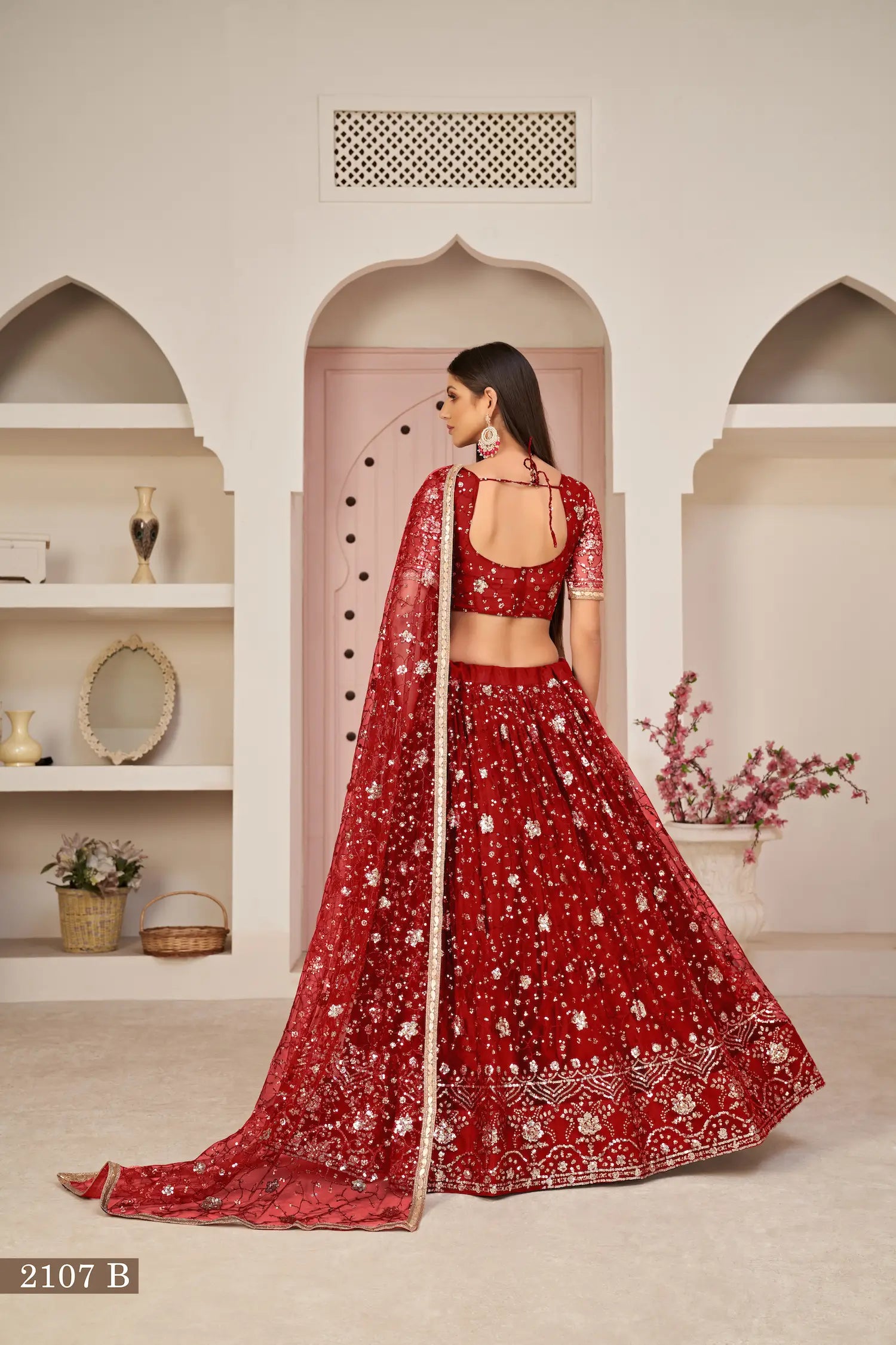 Red Net Lehenga With Zari Sequins Thread Embroidery