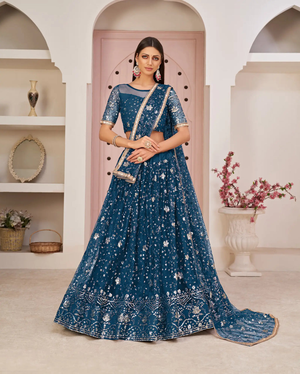 Teal Net Lehenga With Zari Sequins Thread Embroidery