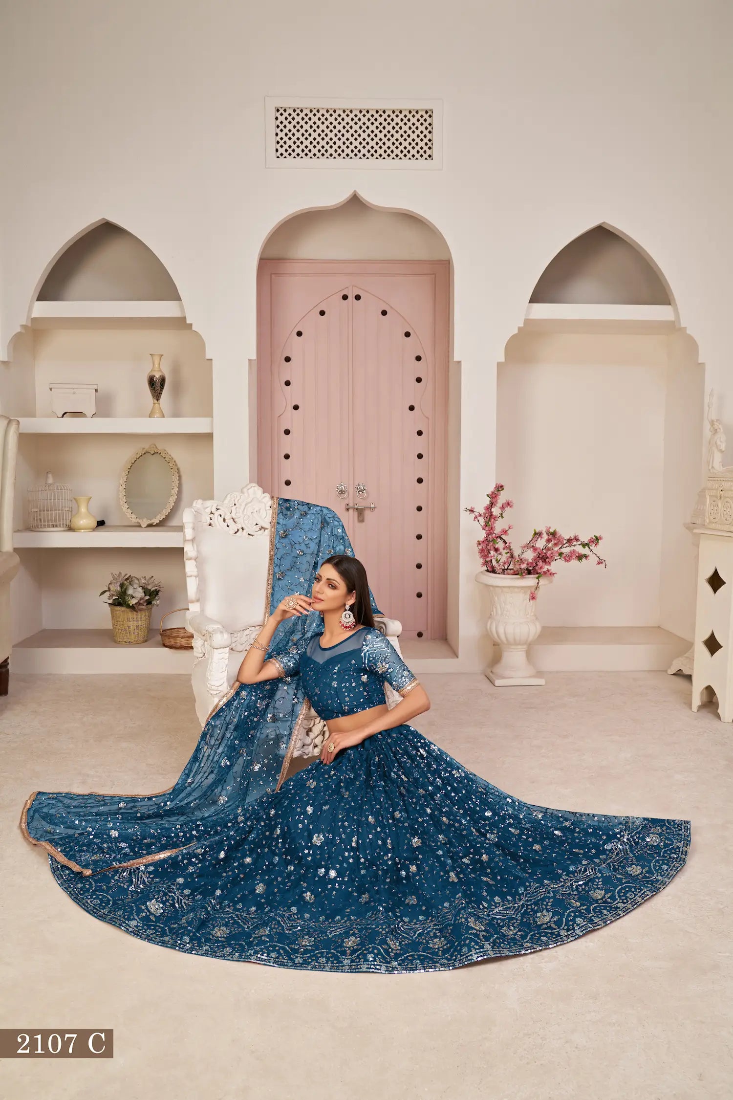 Teal Net Lehenga With Zari Sequins Thread Embroidery