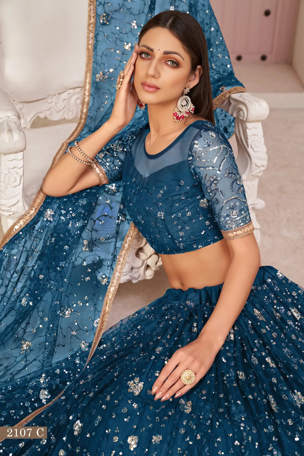 Teal Net Lehenga With Zari Sequins Thread Embroidery