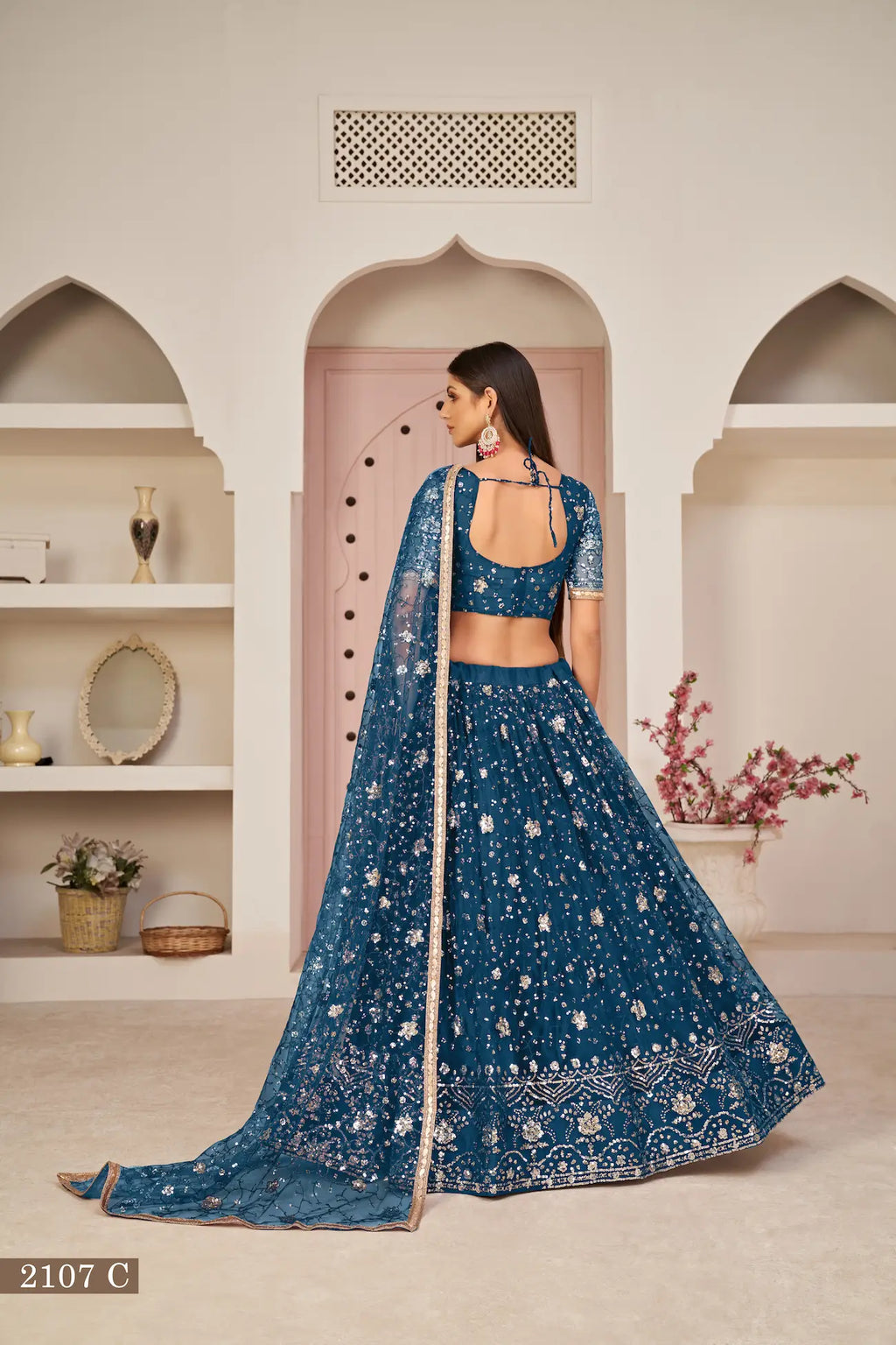 Teal Net Lehenga With Zari Sequins Thread Embroidery