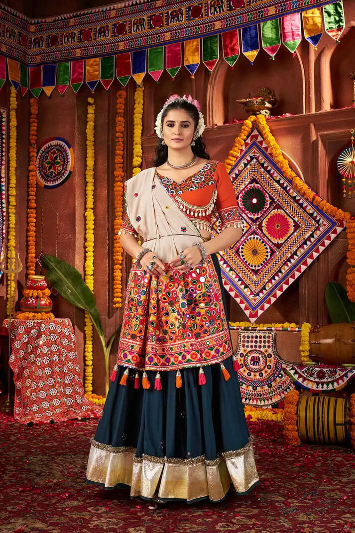 Teal Blue Navratri Lehenga with Mirror Kodi & Thread Work