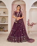 Wine Net Lehenga With Zari Sequins Thread Embroidery