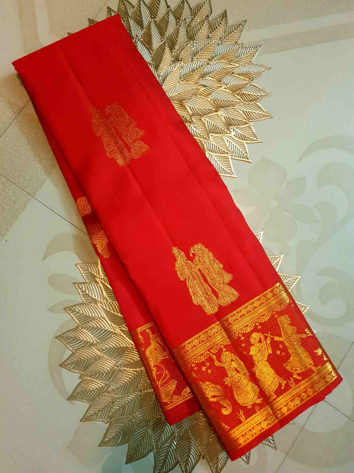 Chilly Red Kanchipuram Handloom 2G Gold Kalyana Pallakku Silk Saree