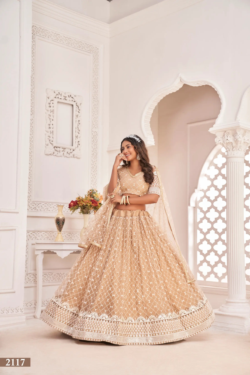 Dusty Beige Thread Sequins Embroidery Net Lehenga Choli