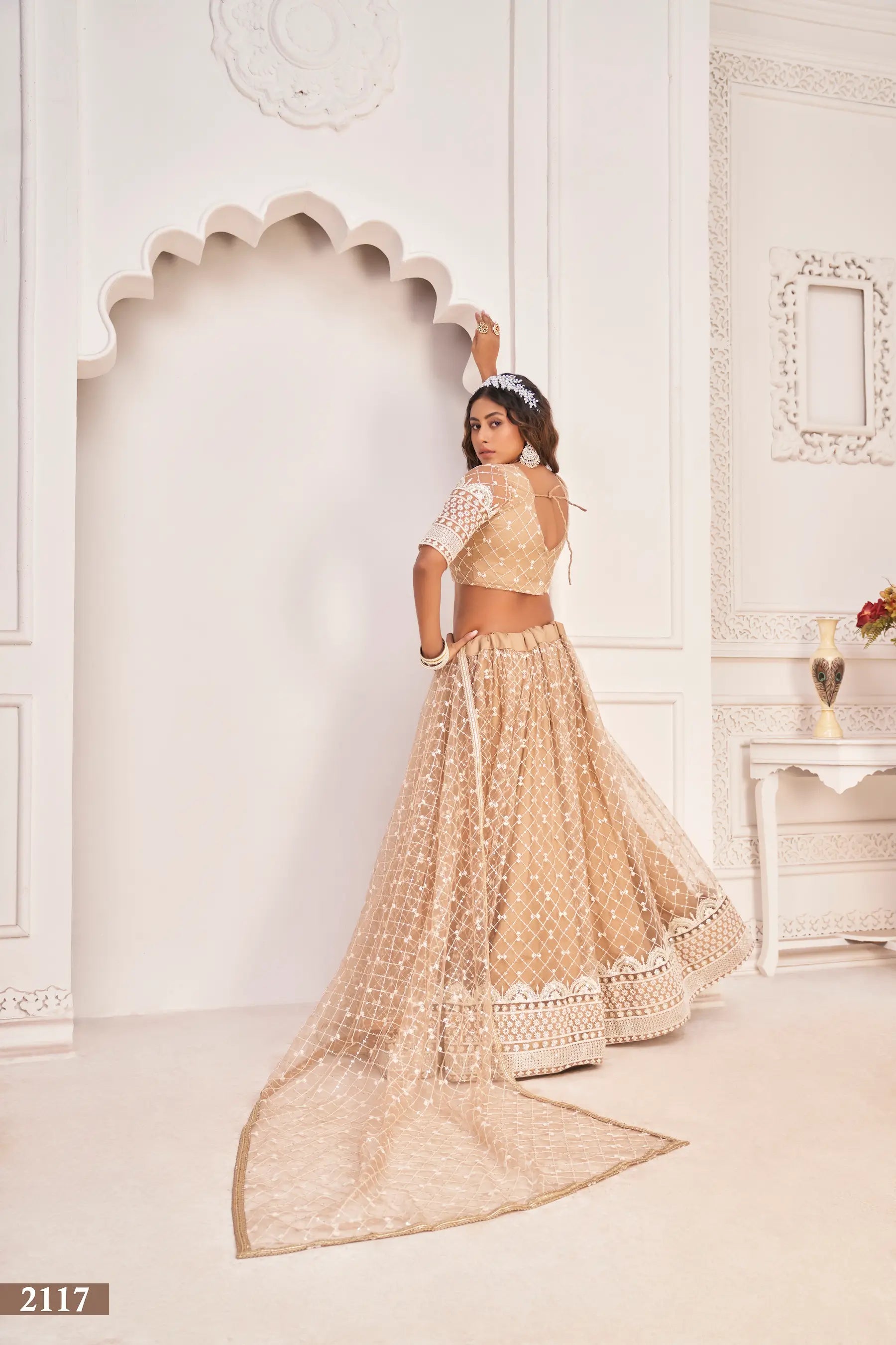 Dusty Beige Thread Sequins Embroidery Net Lehenga Choli