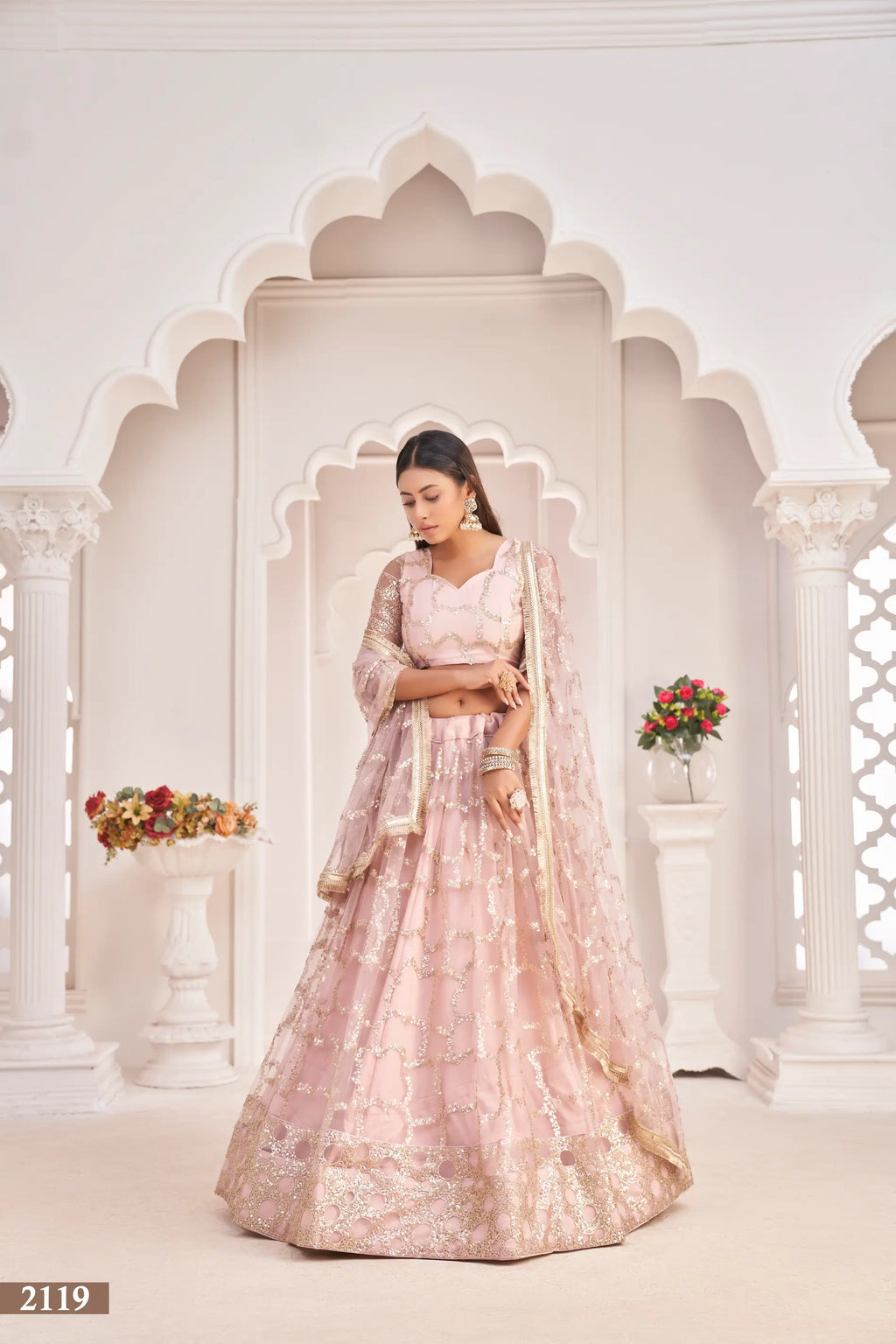 Light Onion Zari Sequins Embroidery Net Lehenga Choli