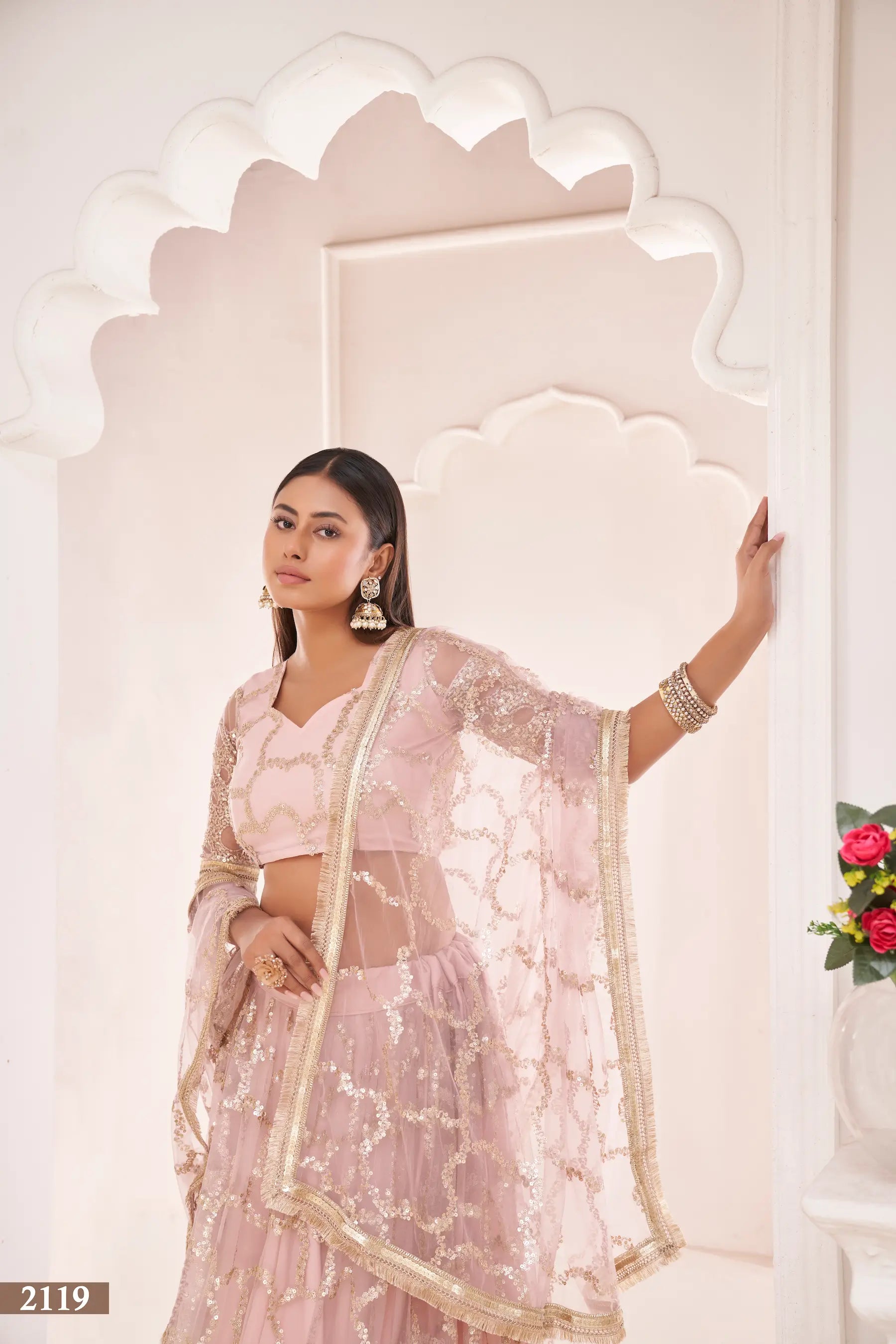 Light Onion Zari Sequins Embroidery Net Lehenga Choli