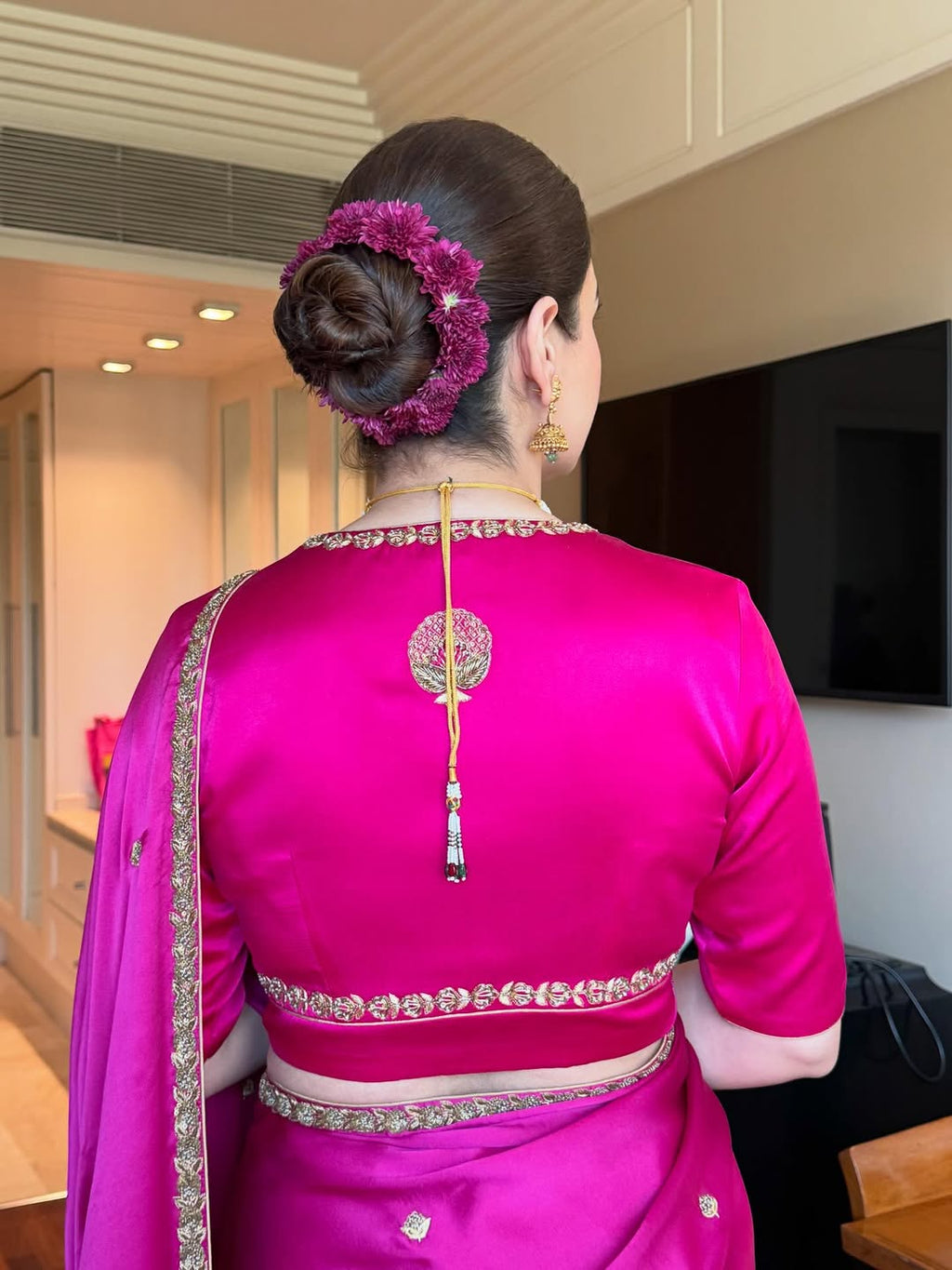 Rani Pink Shaded Hand Embroidered Satin Silk Saree
