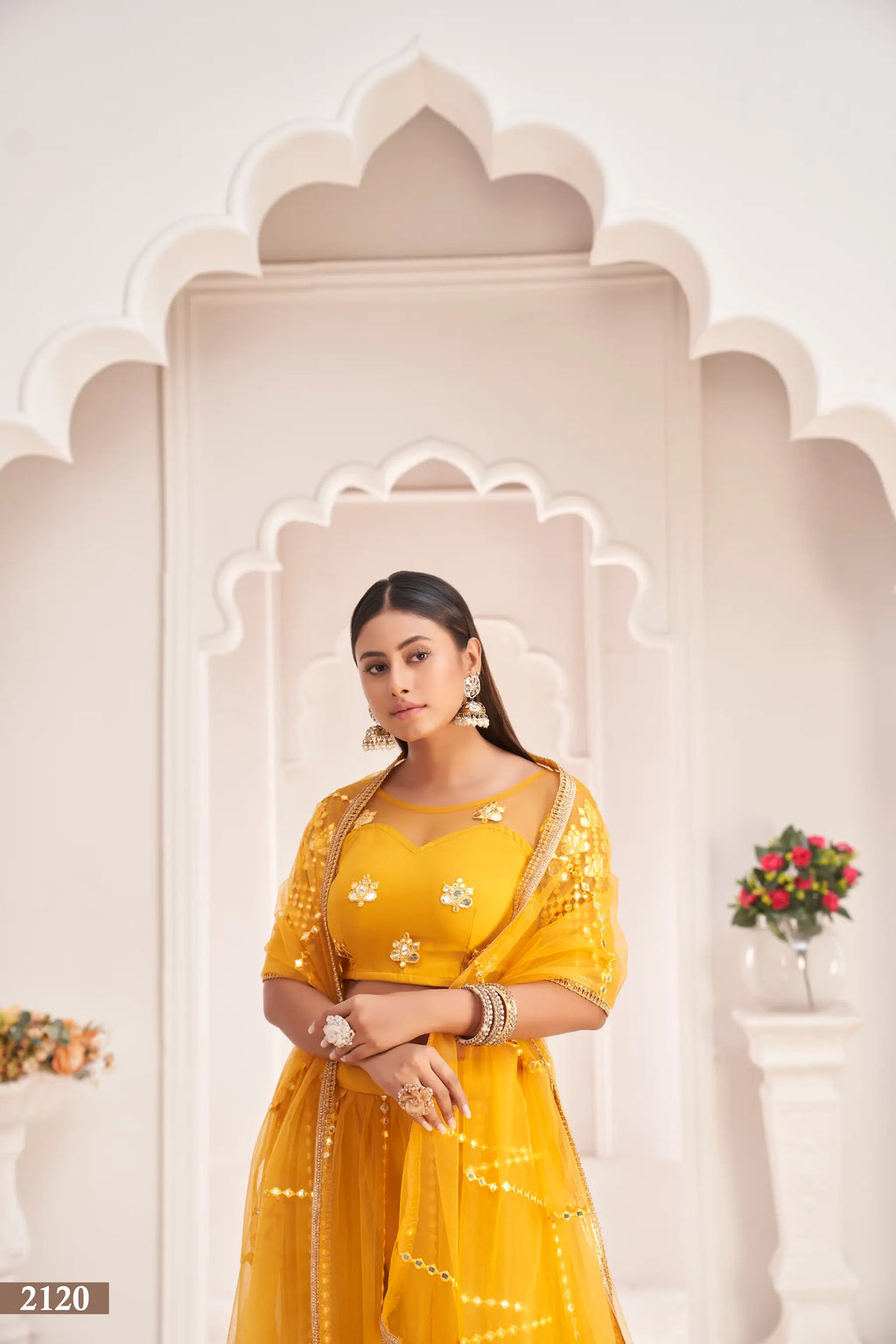 Yellow Thread & Paper Mirror Embroidery Net Lehenga Choli